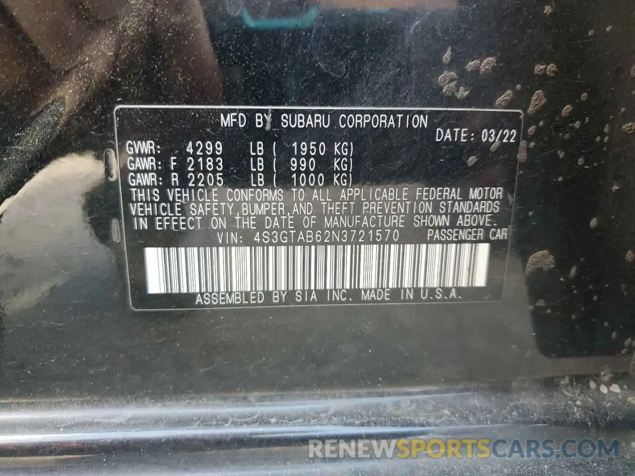 12 Photograph of a damaged car 4S3GTAB62N3721570 SUBARU IMPREZA 2022