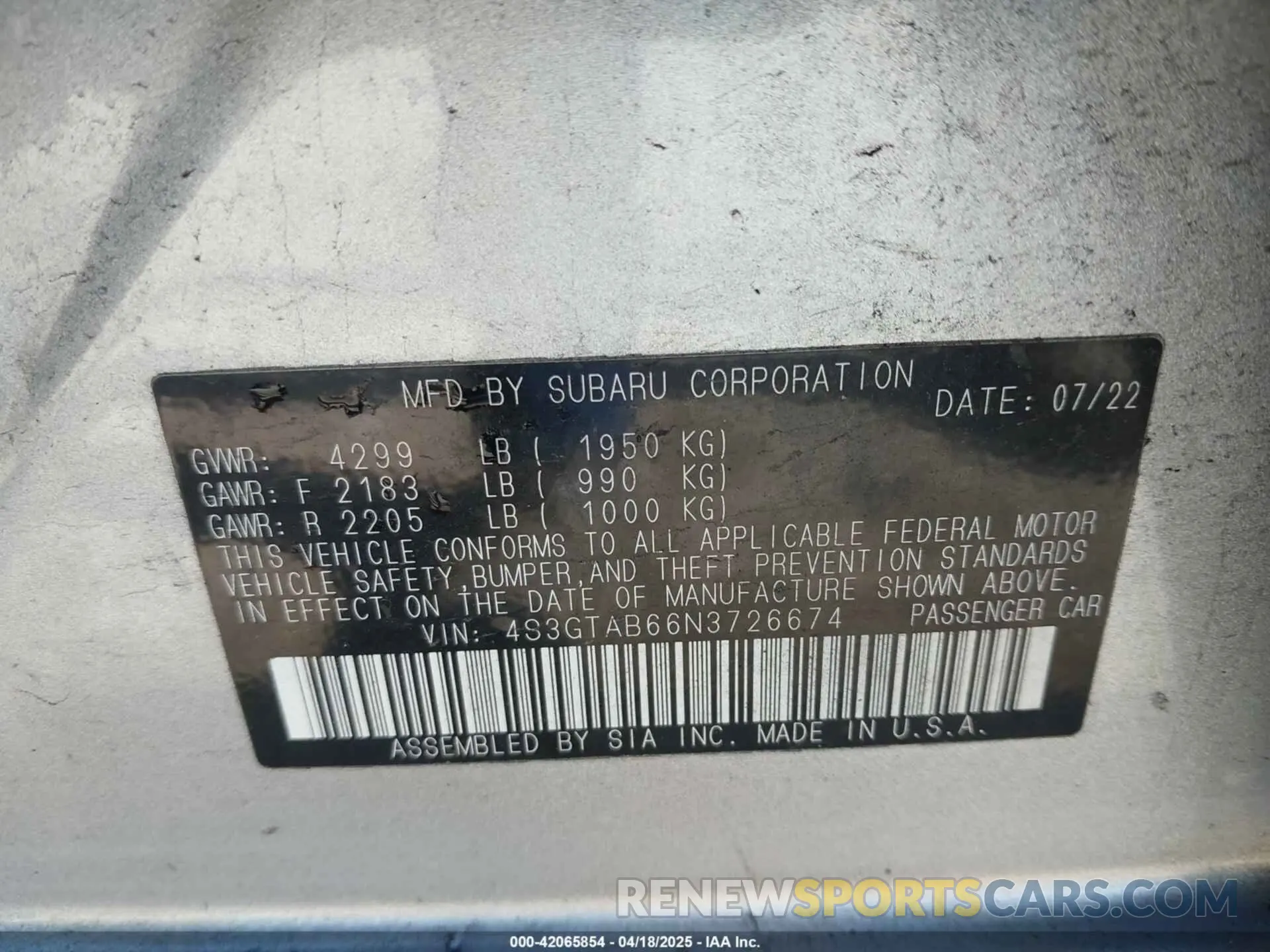9 Photograph of a damaged car 4S3GTAB66N3726674 SUBARU IMPREZA 2022