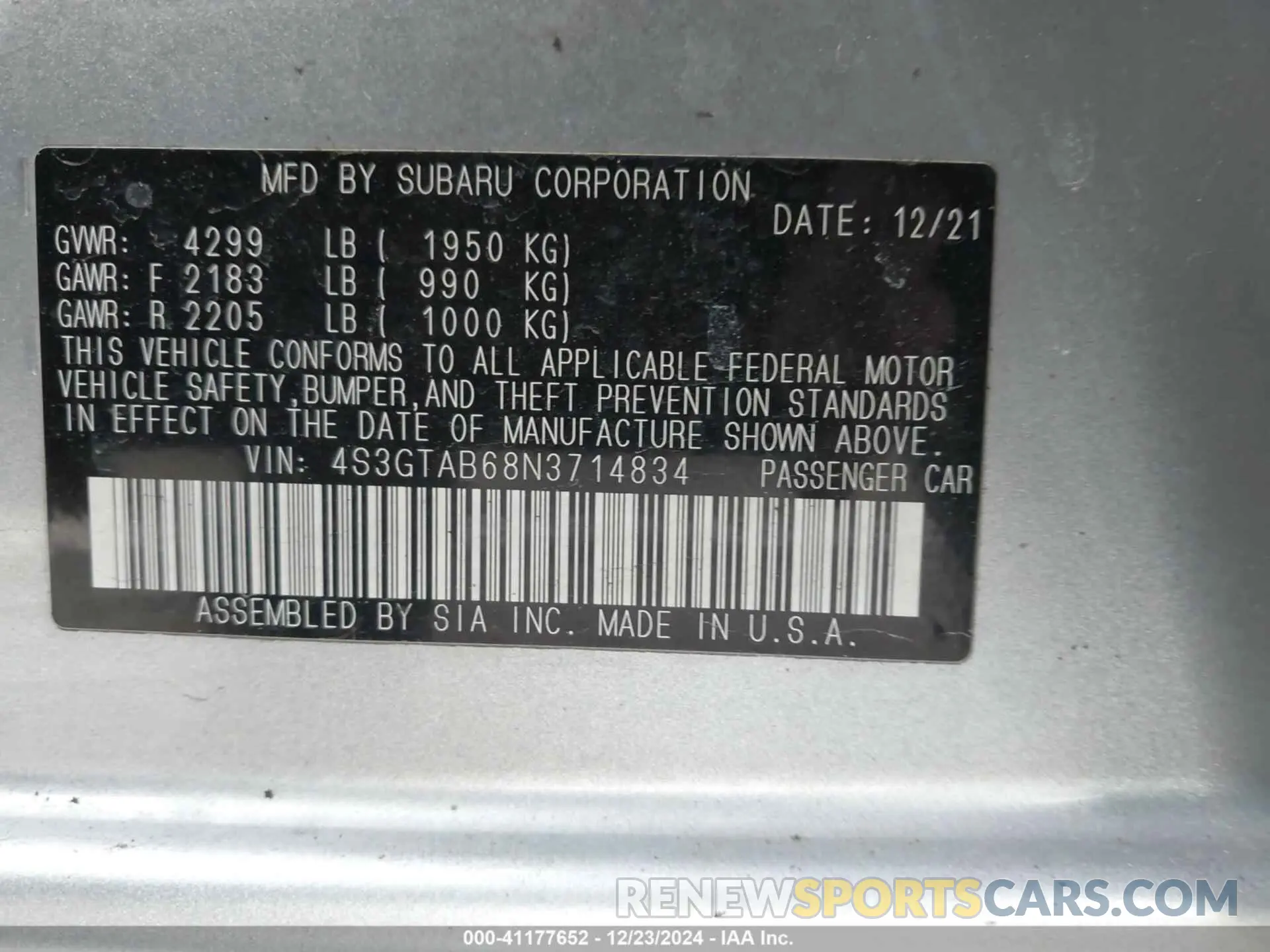 9 Photograph of a damaged car 4S3GTAB68N3714834 SUBARU IMPREZA 2022