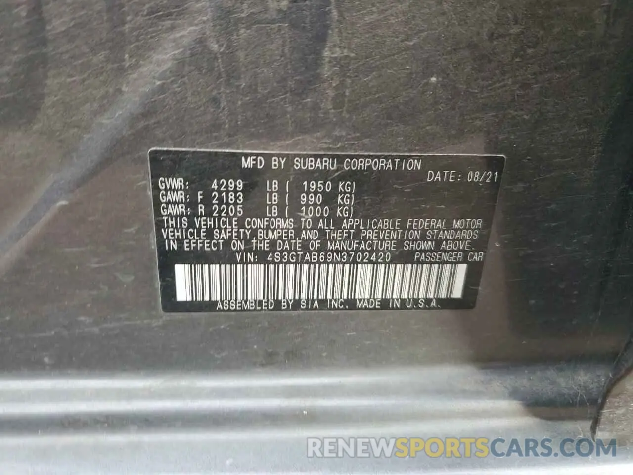 12 Photograph of a damaged car 4S3GTAB69N3702420 SUBARU IMPREZA 2022