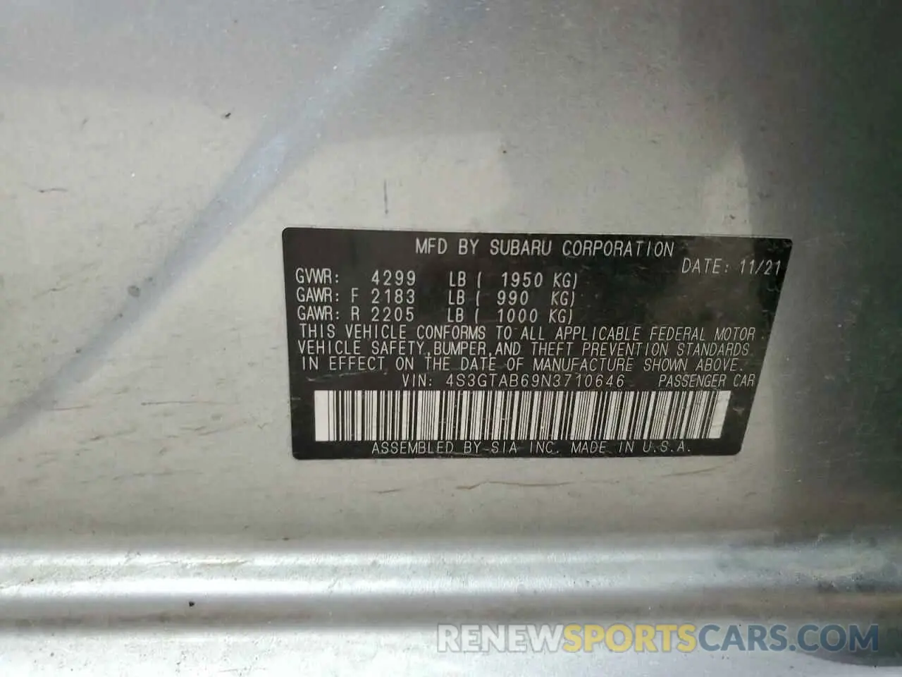 13 Photograph of a damaged car 4S3GTAB69N3710646 SUBARU IMPREZA 2022