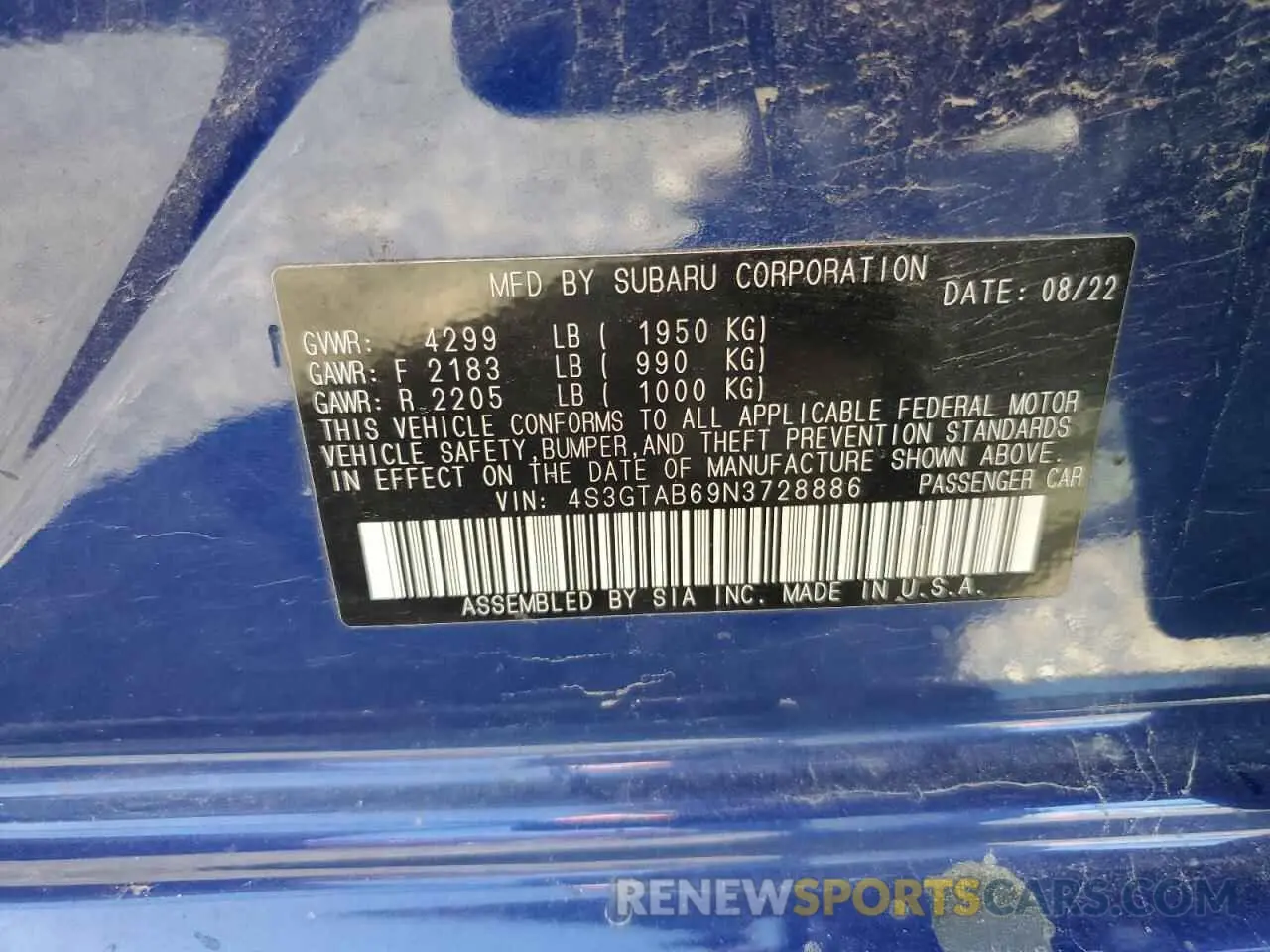 12 Photograph of a damaged car 4S3GTAB69N3728886 SUBARU IMPREZA 2022