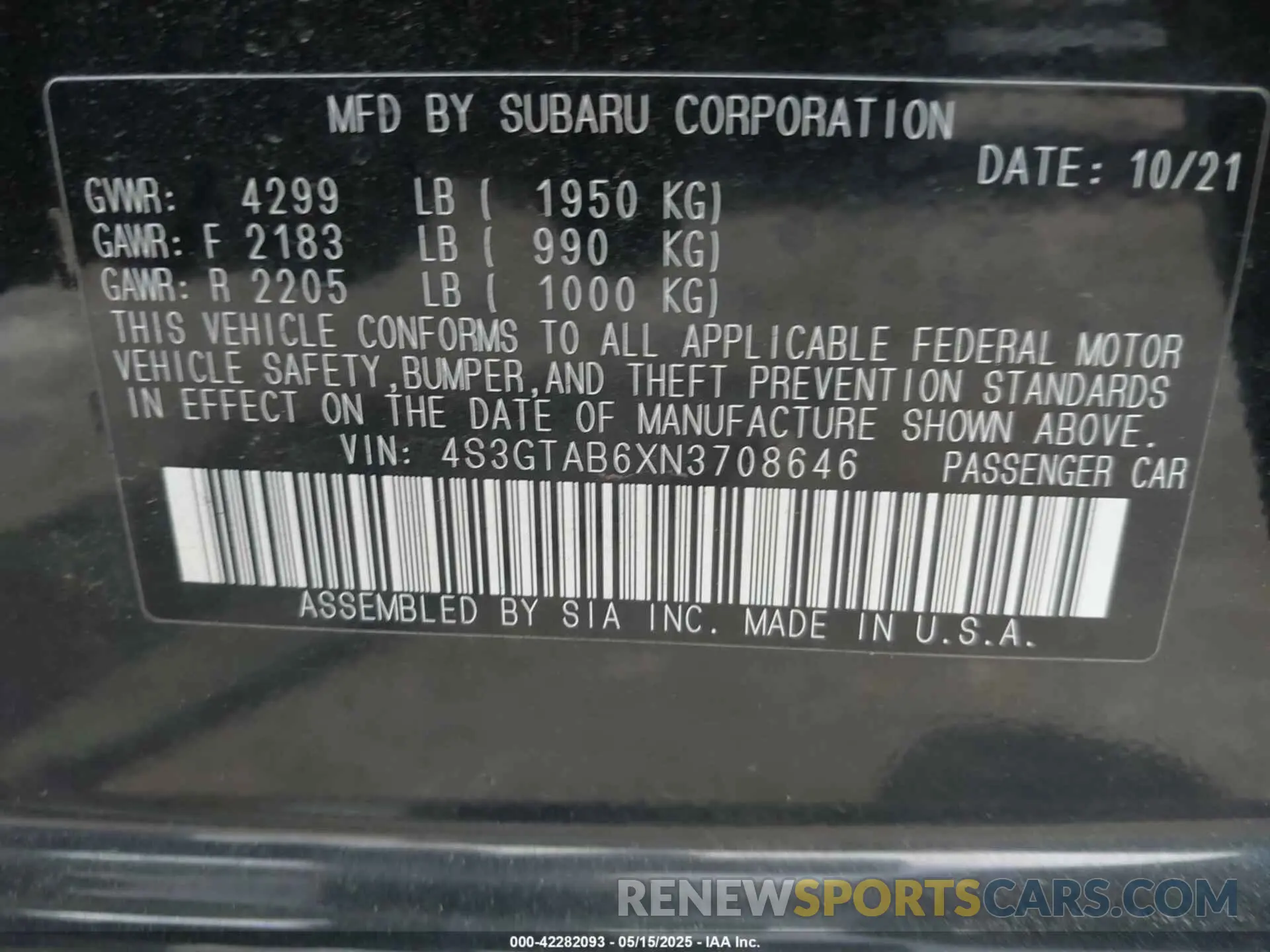 9 Photograph of a damaged car 4S3GTAB6XN3708646 SUBARU IMPREZA 2022