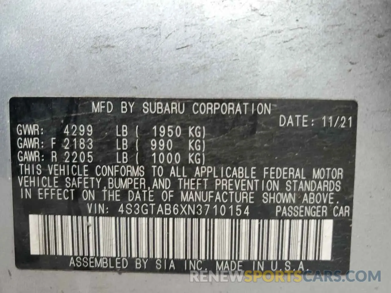 14 Photograph of a damaged car 4S3GTAB6XN3710154 SUBARU IMPREZA 2022