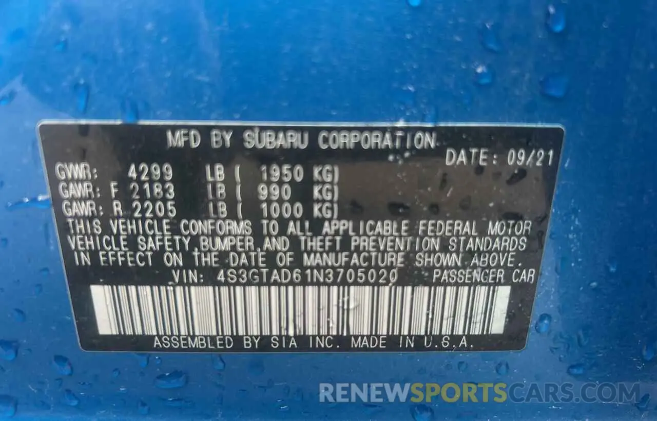 10 Photograph of a damaged car 4S3GTAD61N3705020 SUBARU IMPREZA 2022