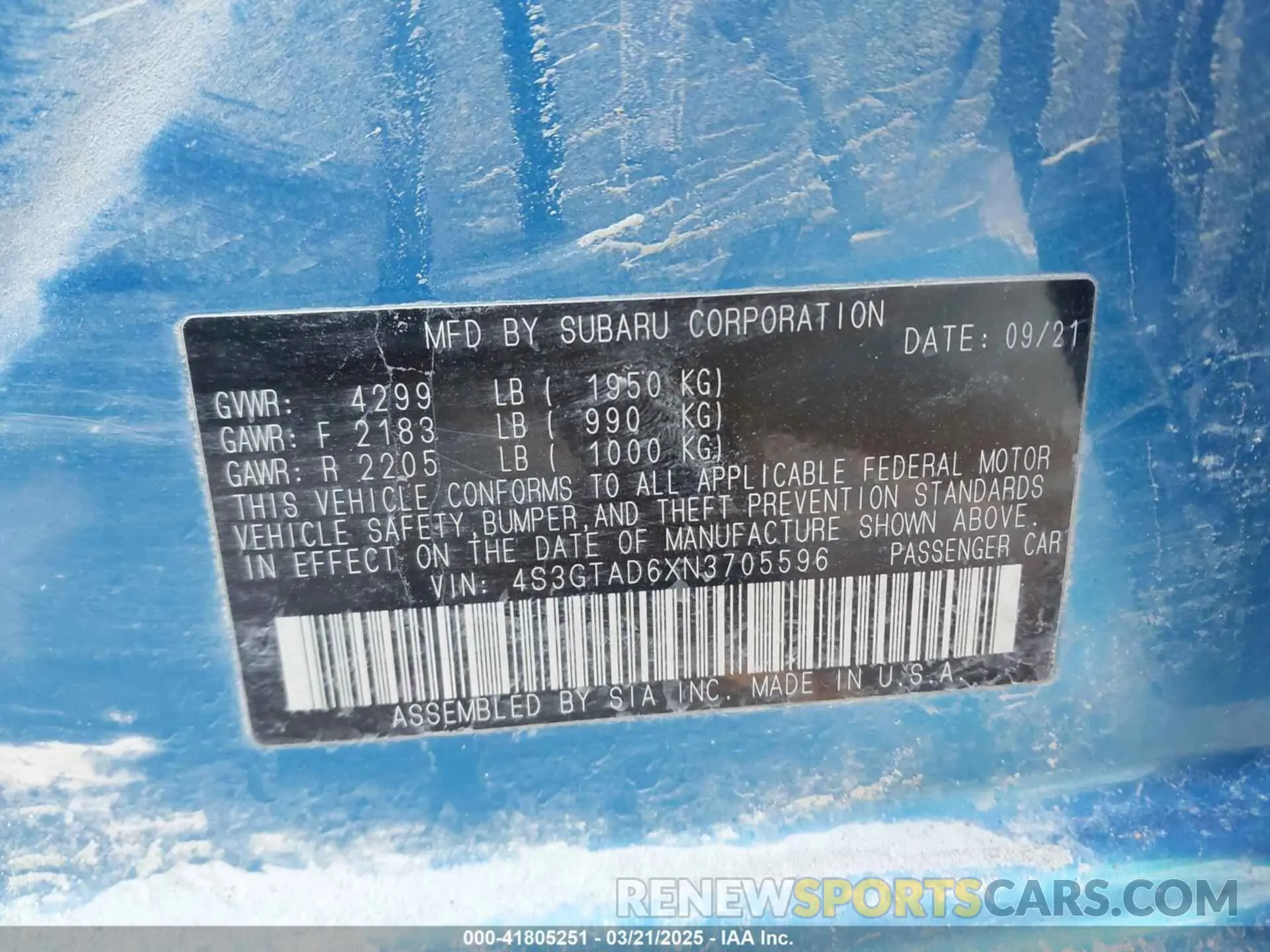 9 Photograph of a damaged car 4S3GTAD6XN3705596 SUBARU IMPREZA 2022