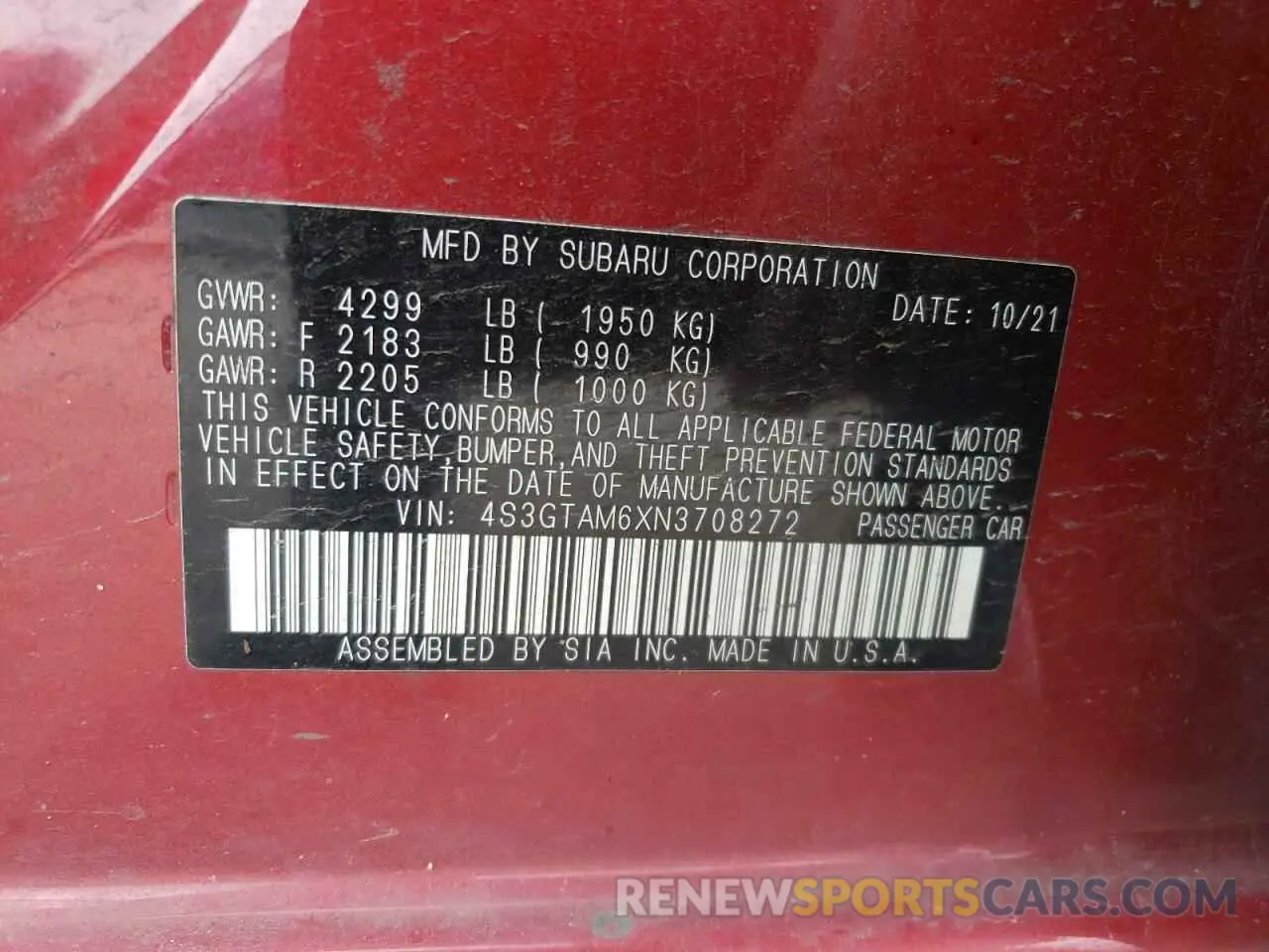 14 Photograph of a damaged car 4S3GTAM6XN3708272 SUBARU IMPREZA 2022