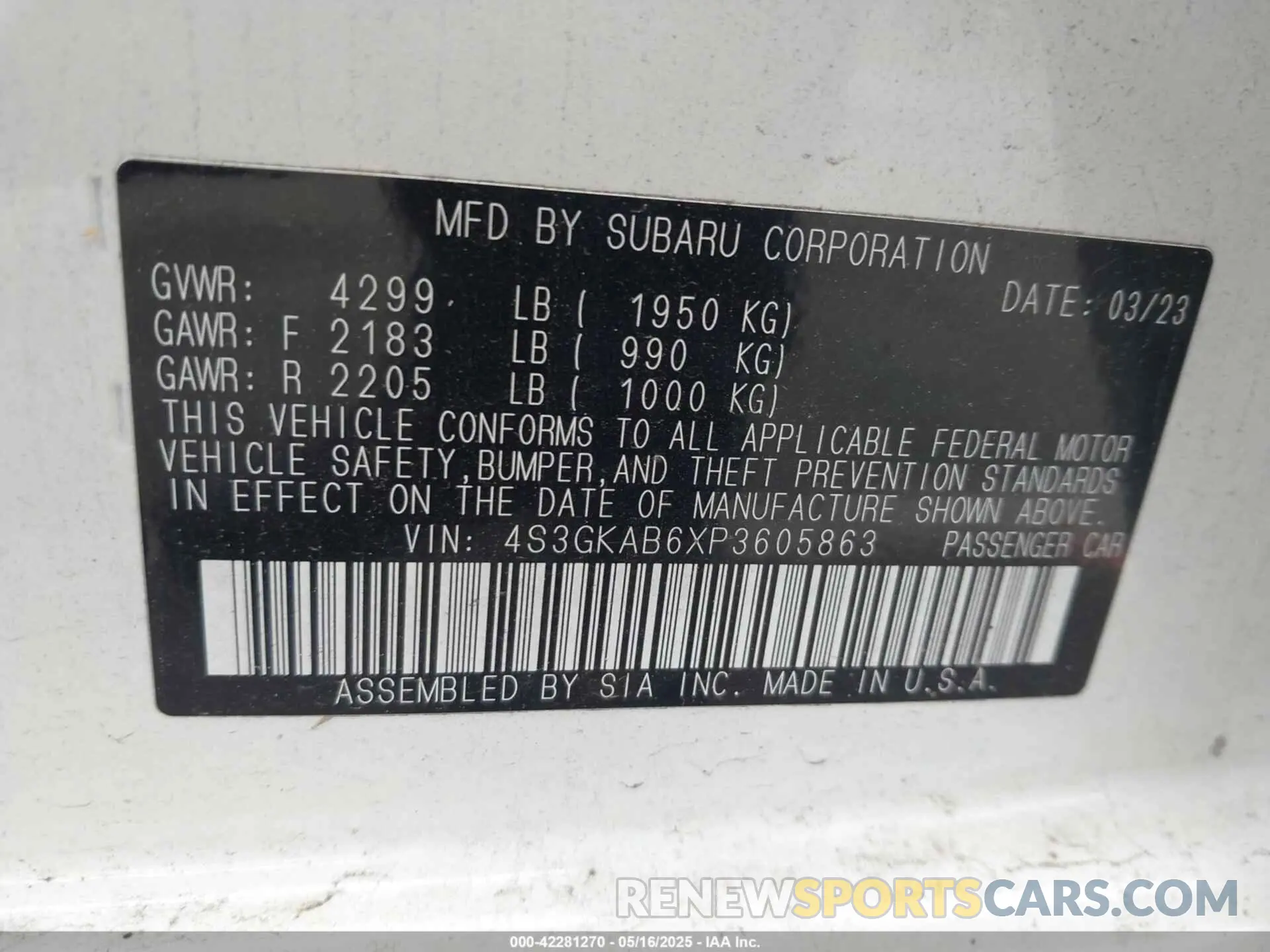 9 Photograph of a damaged car 4S3GKAB6XP3605863 SUBARU IMPREZA 2023