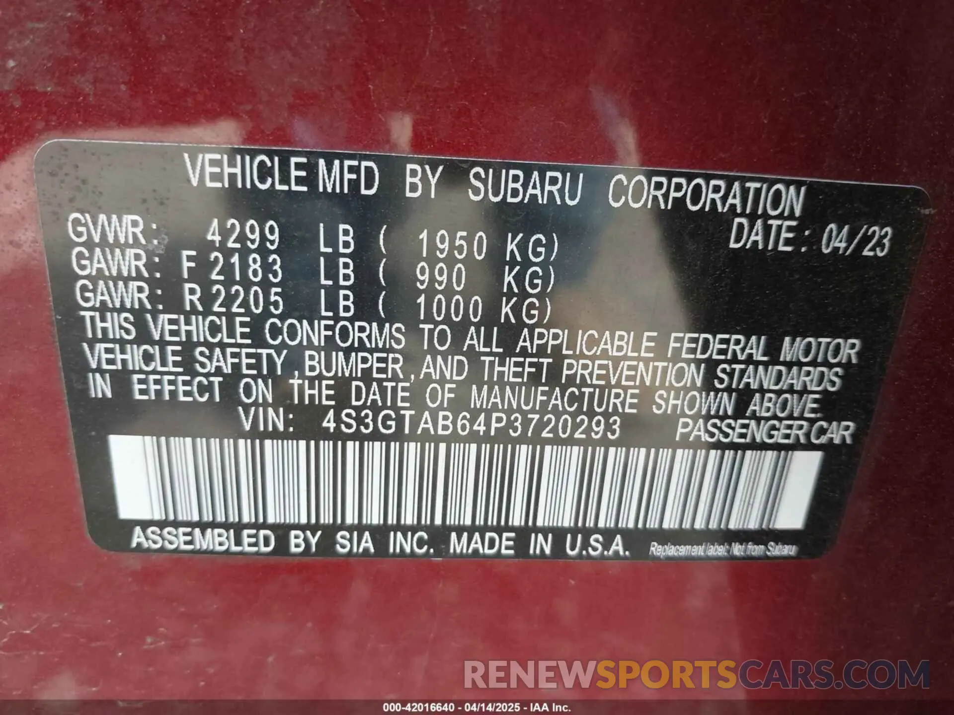 9 Photograph of a damaged car 4S3GTAB64P3720293 SUBARU IMPREZA 2023