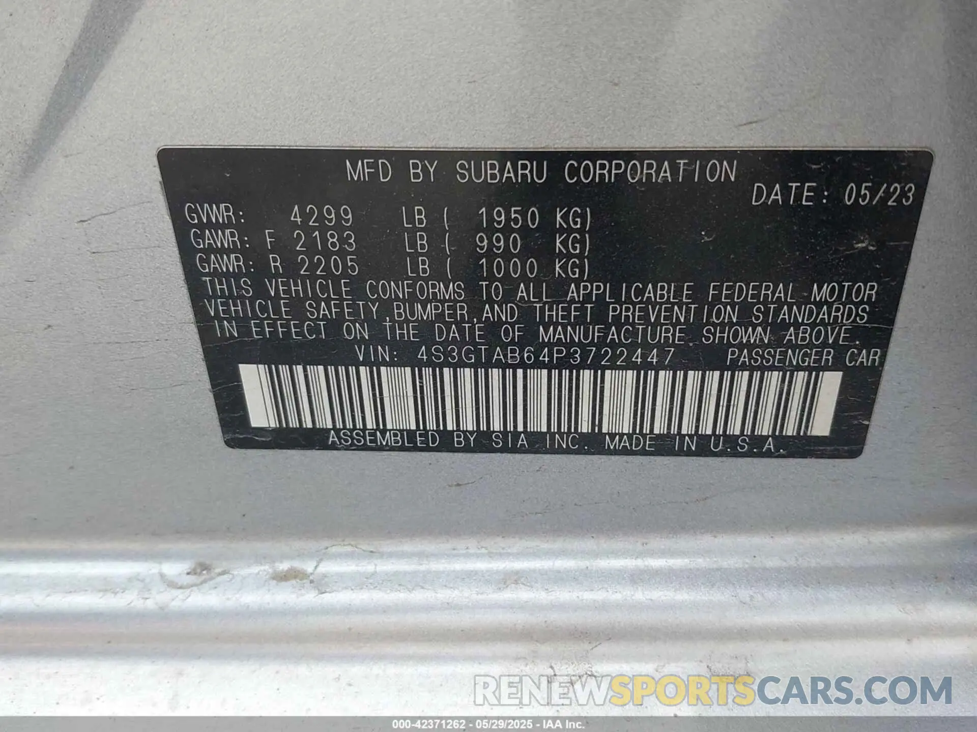 9 Photograph of a damaged car 4S3GTAB64P3722447 SUBARU IMPREZA 2023