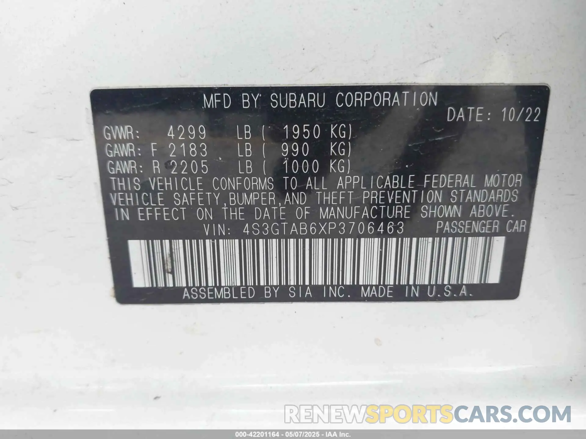 9 Photograph of a damaged car 4S3GTAB6XP3706463 SUBARU IMPREZA 2023