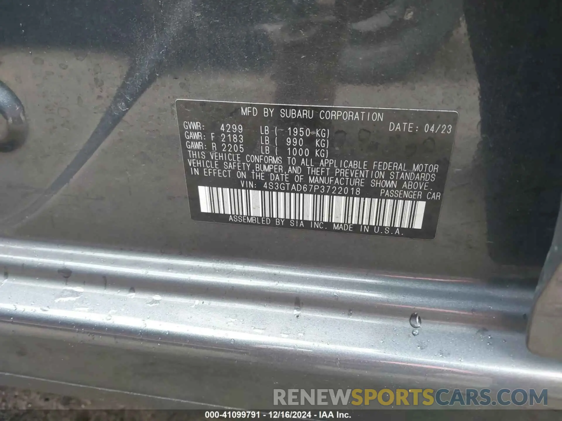 9 Photograph of a damaged car 4S3GTAD67P3722018 SUBARU IMPREZA 2023