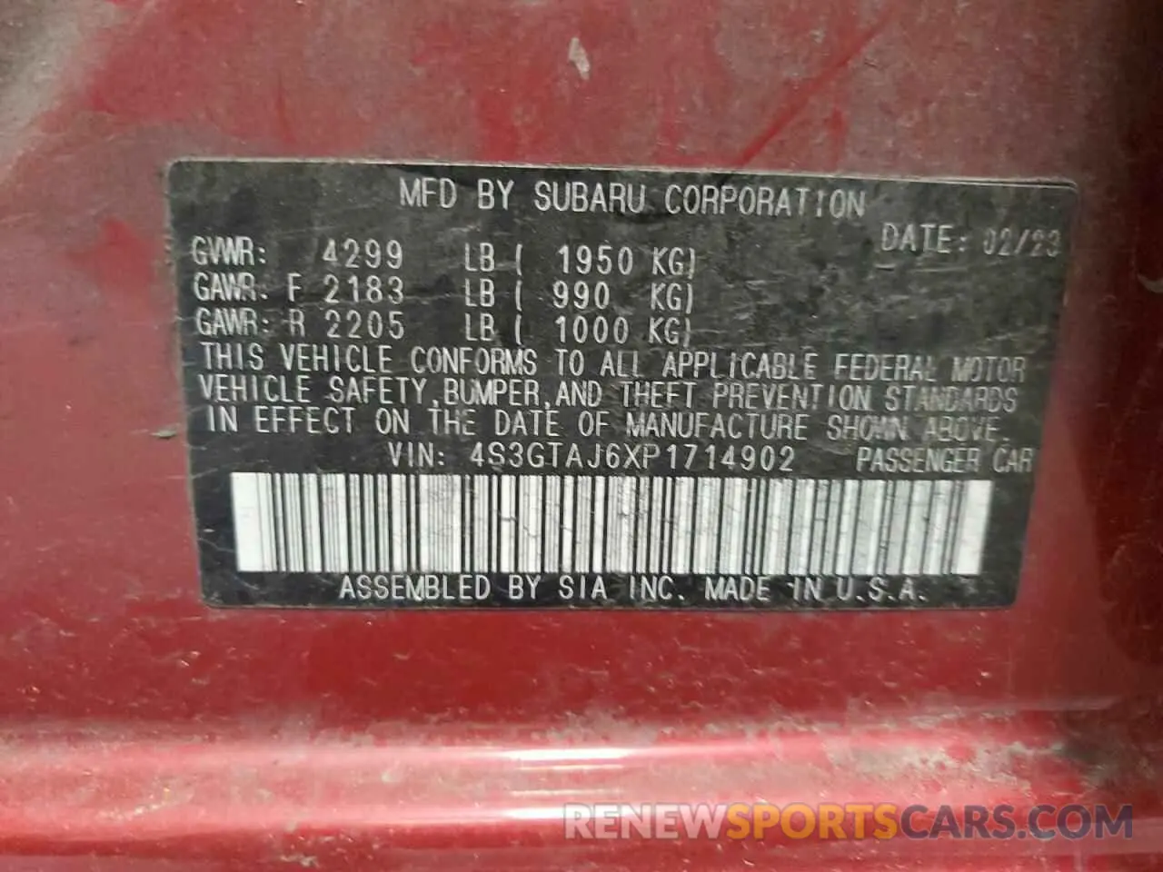13 Photograph of a damaged car 4S3GTAJ6XP1714902 SUBARU IMPREZA 2023