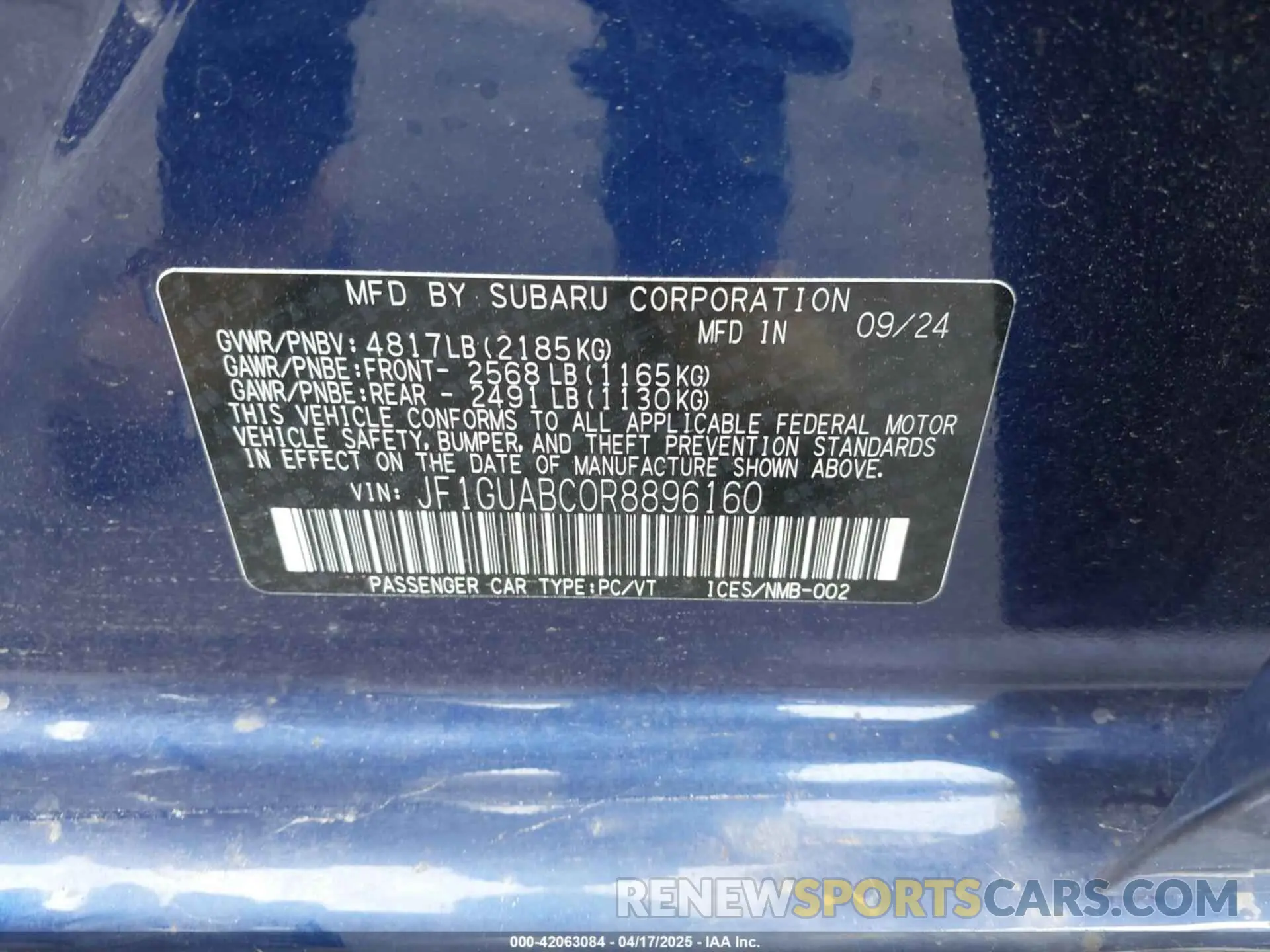 9 Photograph of a damaged car JF1GUABC0R8896160 SUBARU IMPREZA 2024