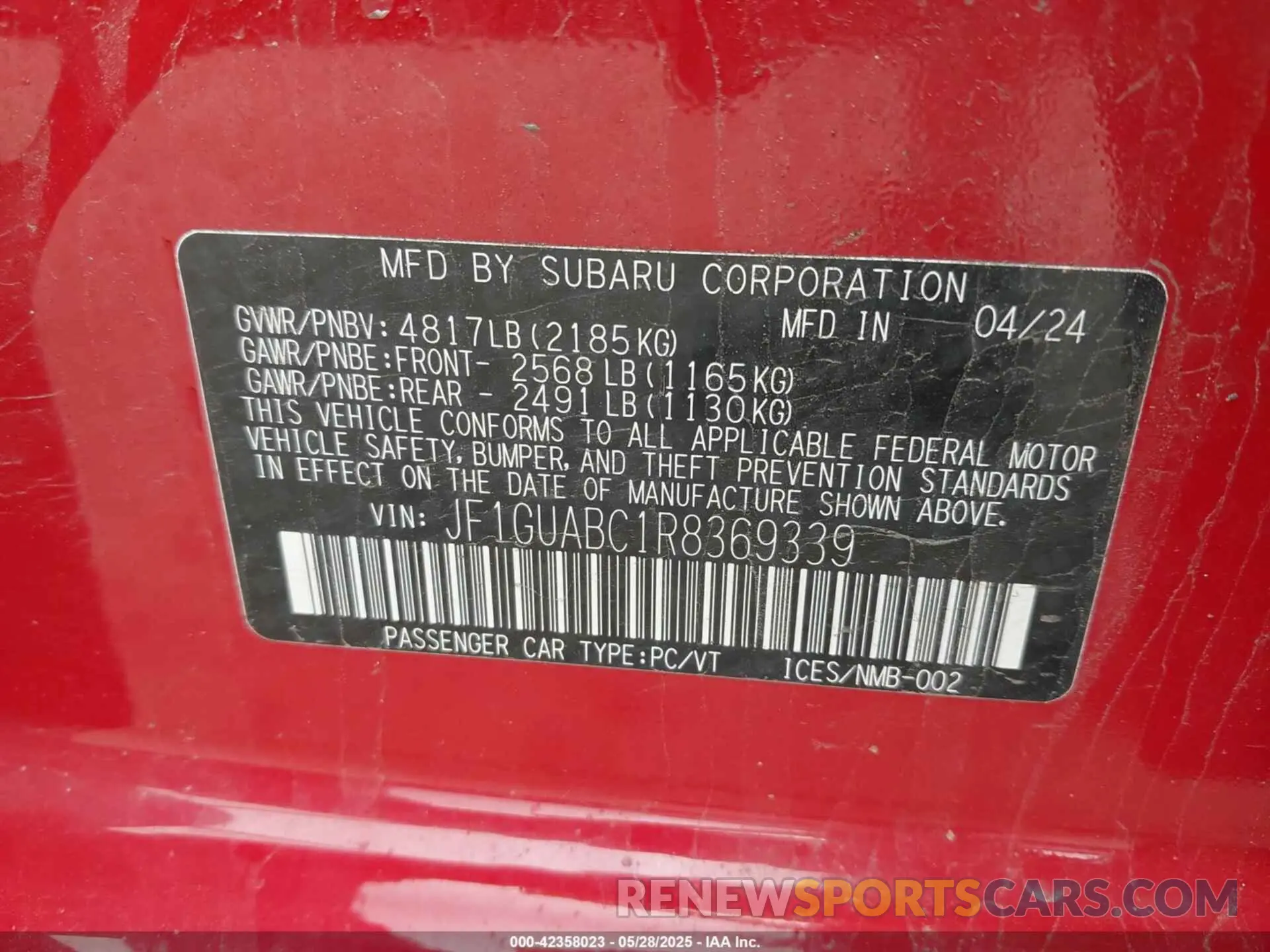 9 Photograph of a damaged car JF1GUABC1R8369339 SUBARU IMPREZA 2024