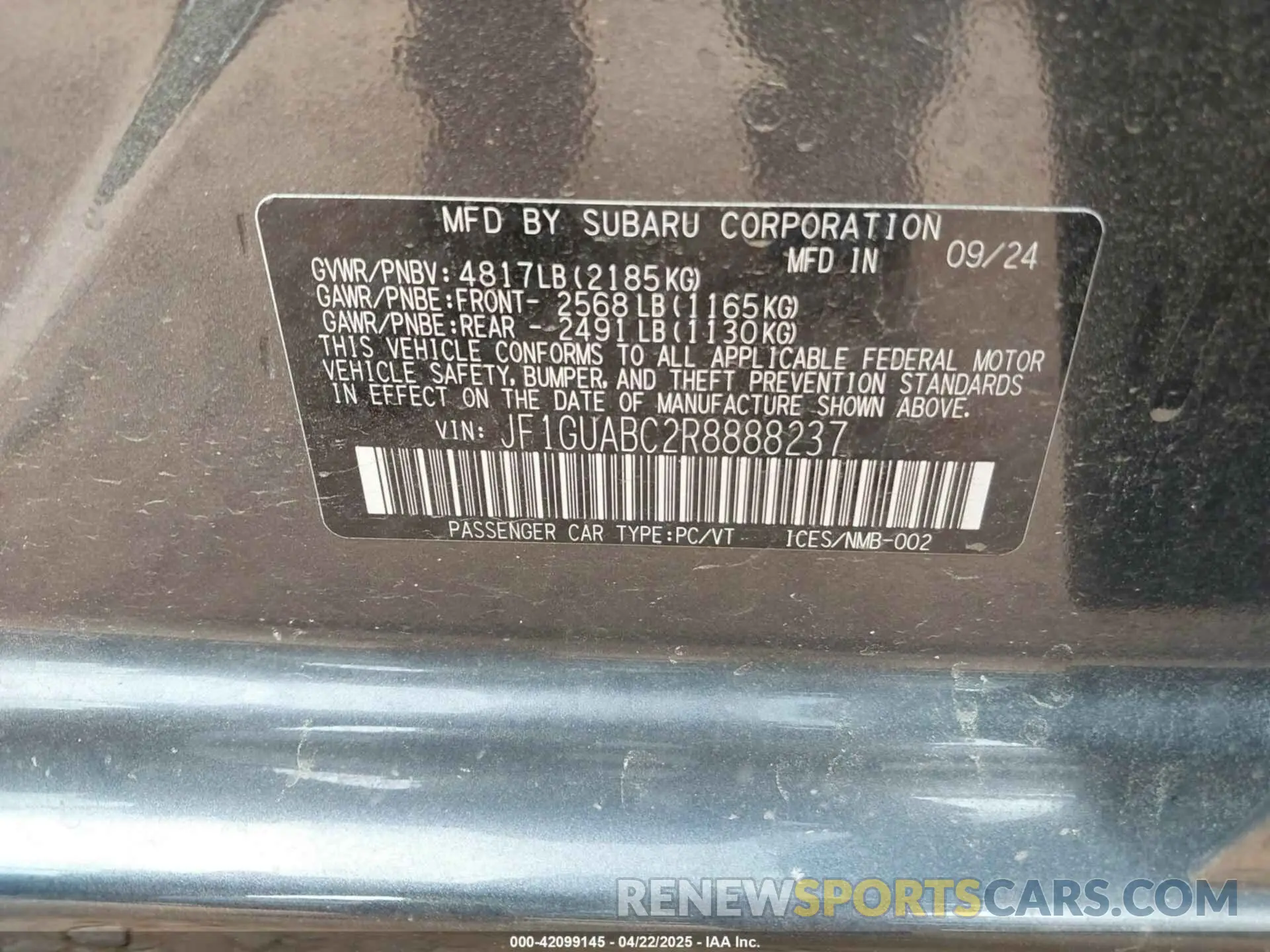 9 Photograph of a damaged car JF1GUABC2R8888237 SUBARU IMPREZA 2024