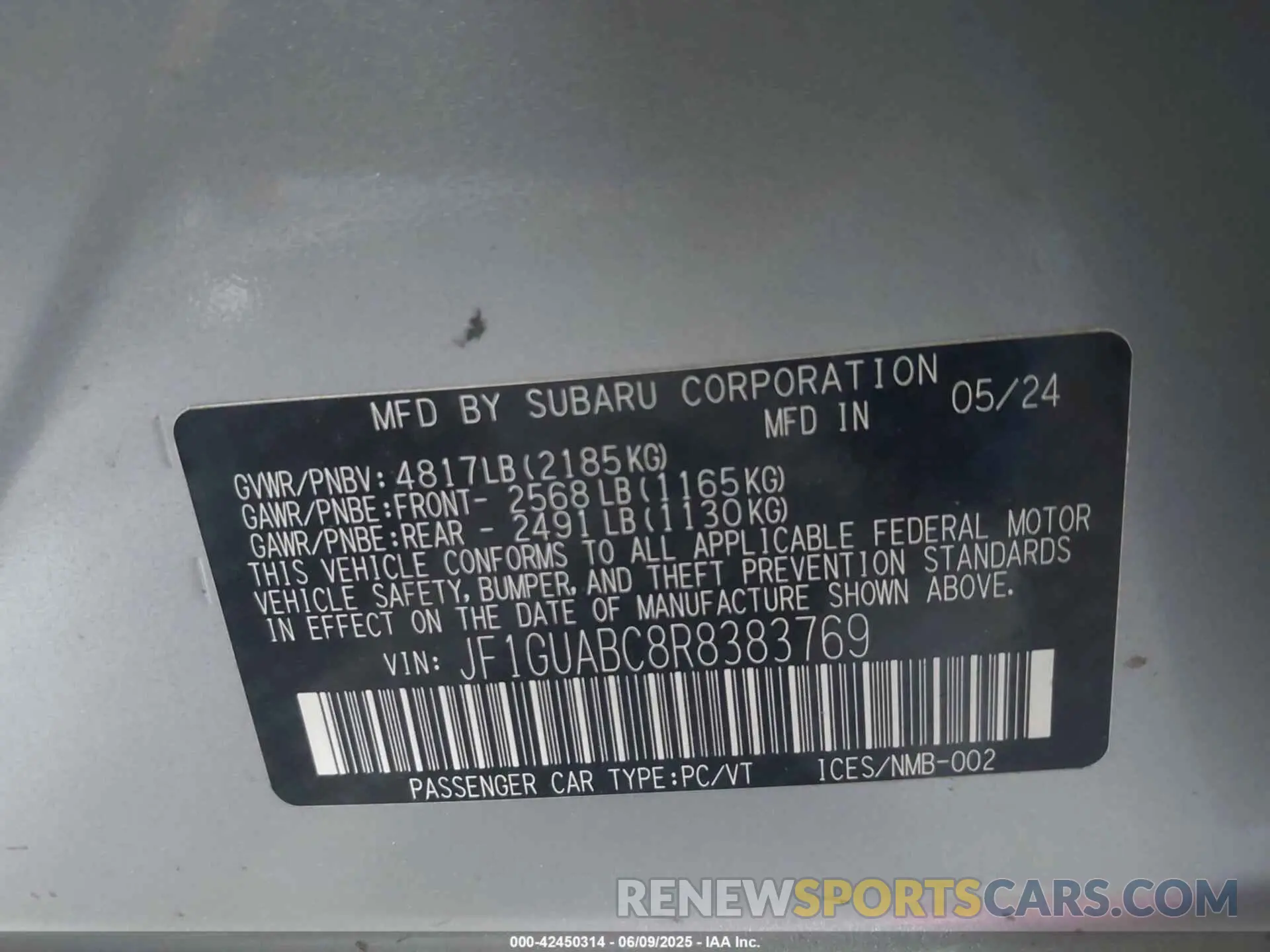 9 Photograph of a damaged car JF1GUABC8R8383769 SUBARU IMPREZA 2024