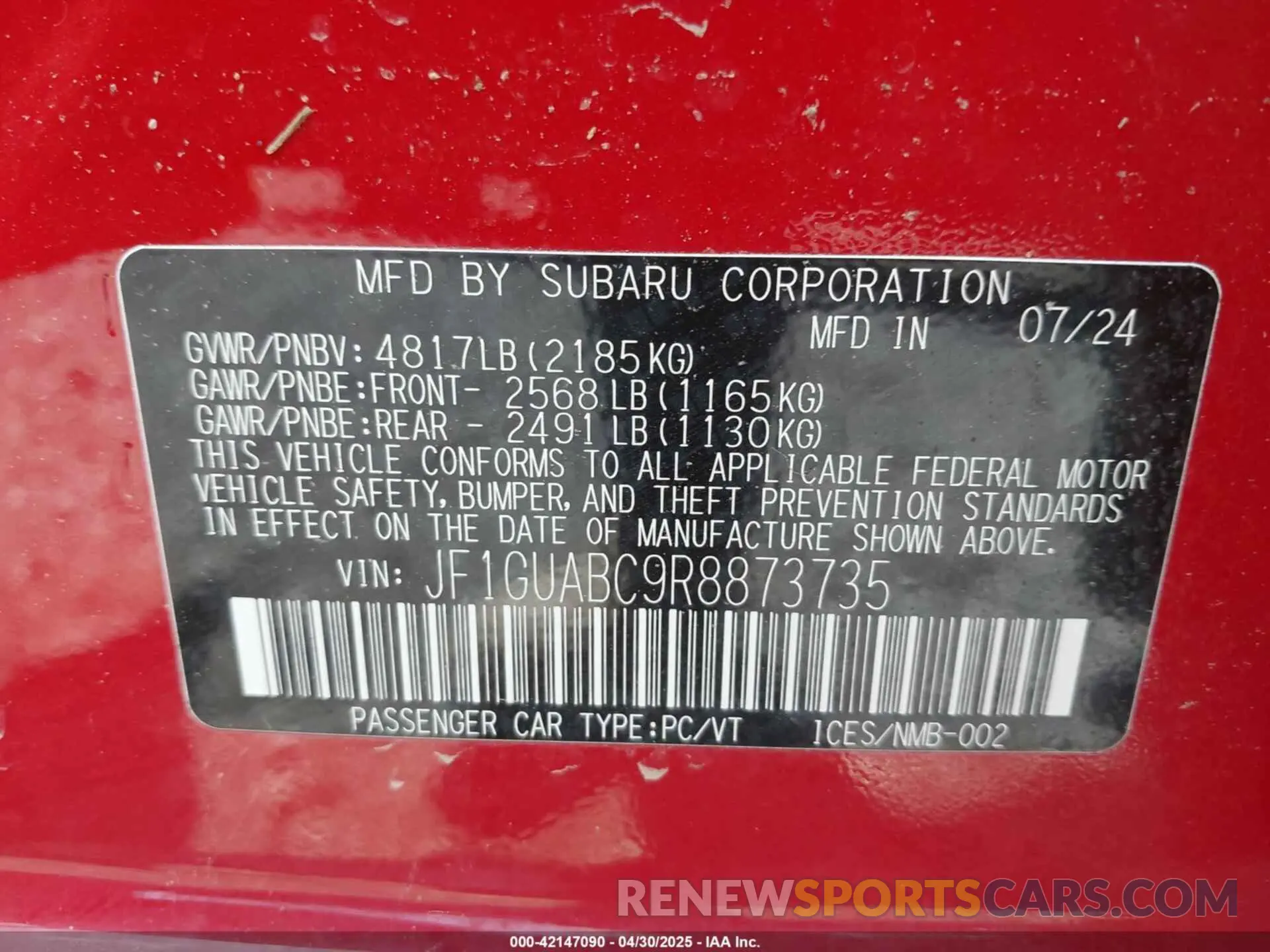9 Photograph of a damaged car JF1GUABC9R8873735 SUBARU IMPREZA 2024