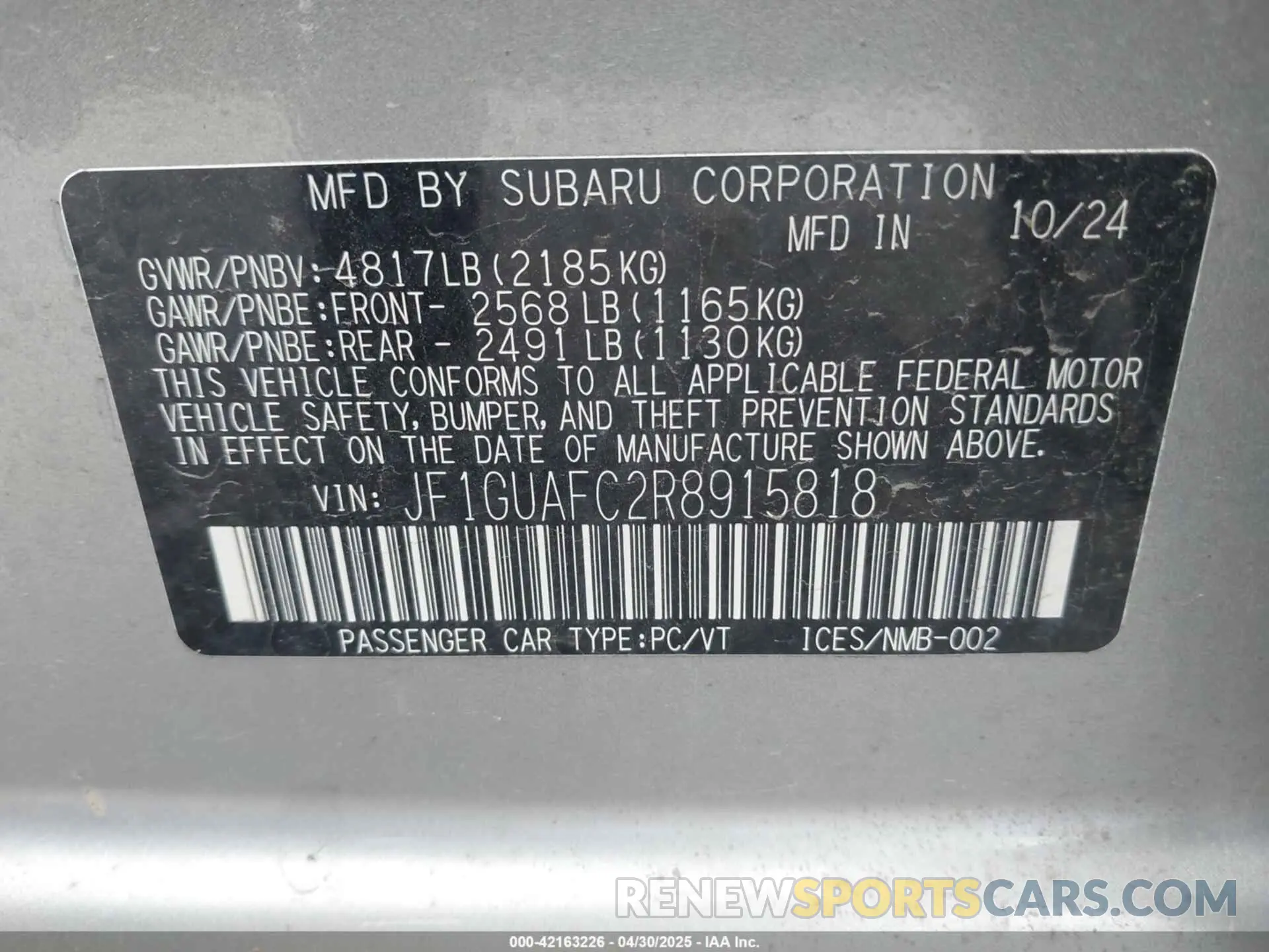 9 Photograph of a damaged car JF1GUAFC2R8915818 SUBARU IMPREZA 2024