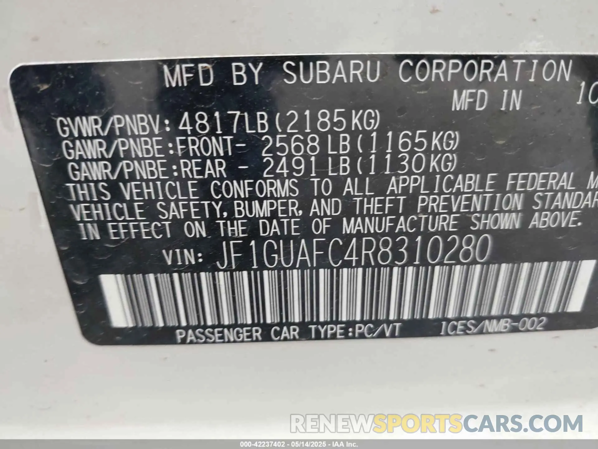 9 Photograph of a damaged car JF1GUAFC4R8310280 SUBARU IMPREZA 2024