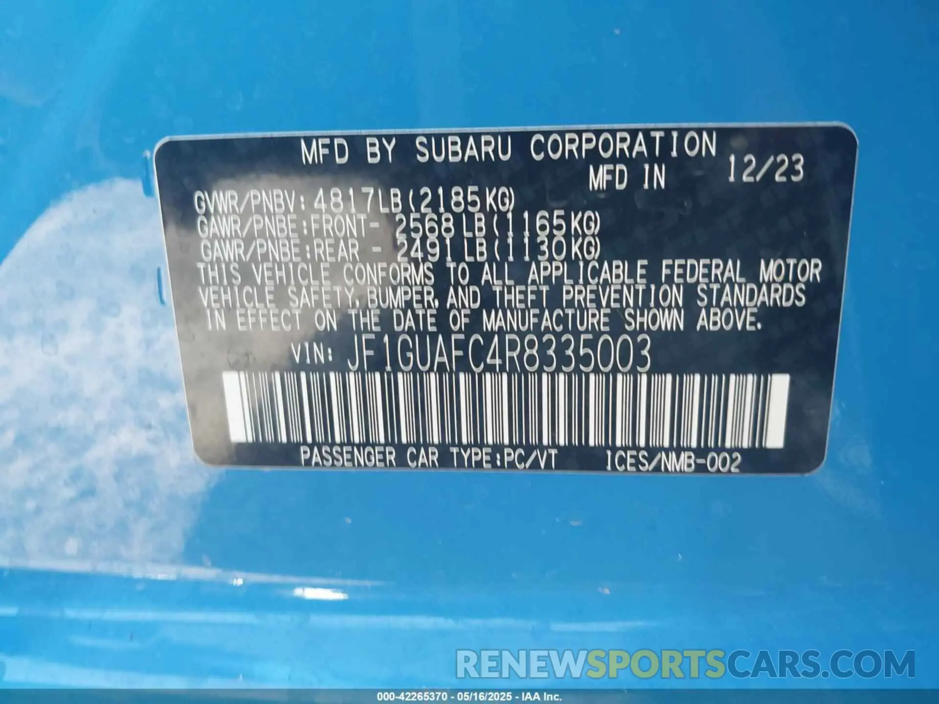 9 Photograph of a damaged car JF1GUAFC4R8335003 SUBARU IMPREZA 2024
