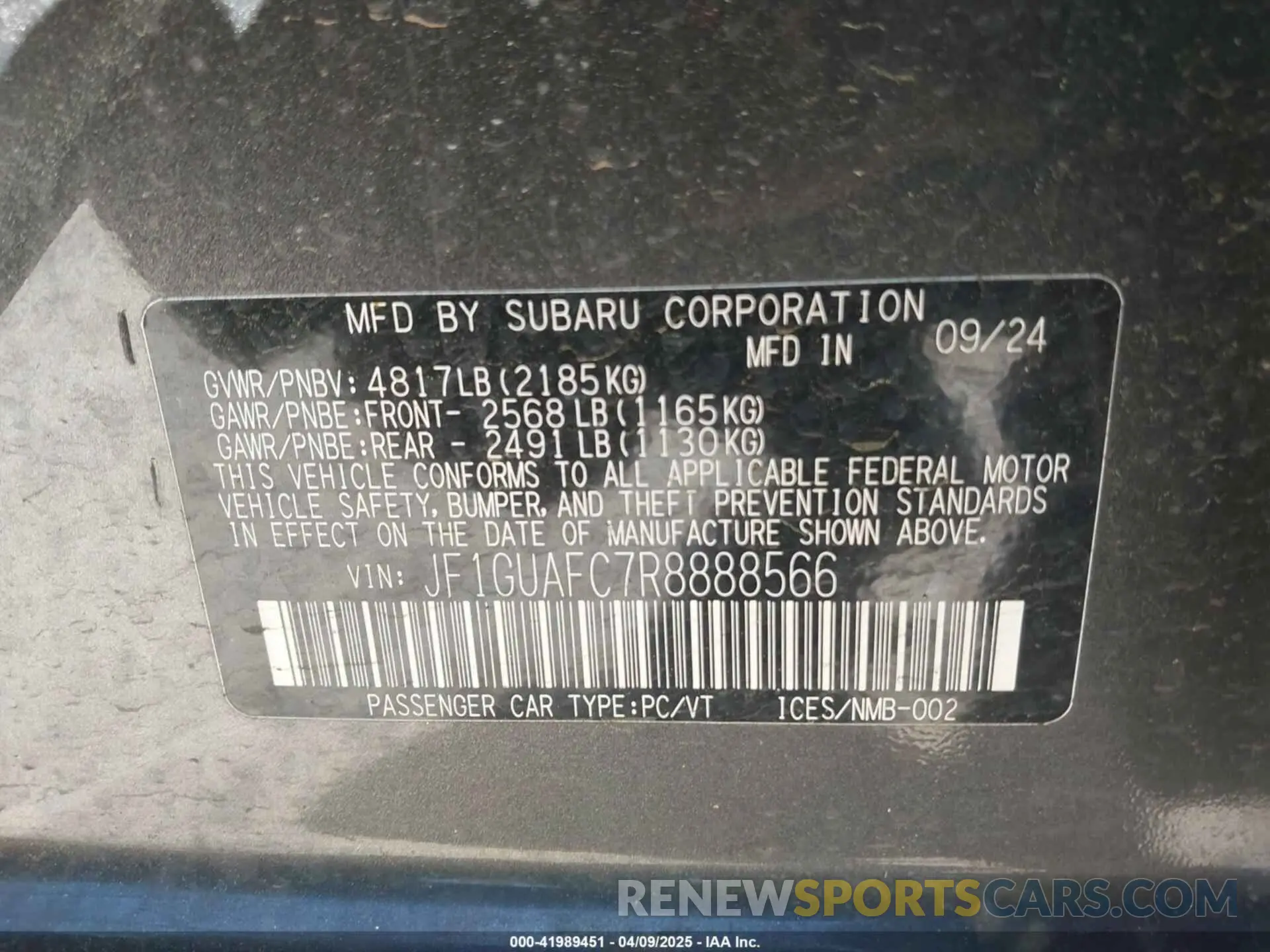 9 Photograph of a damaged car JF1GUAFC7R8888566 SUBARU IMPREZA 2024