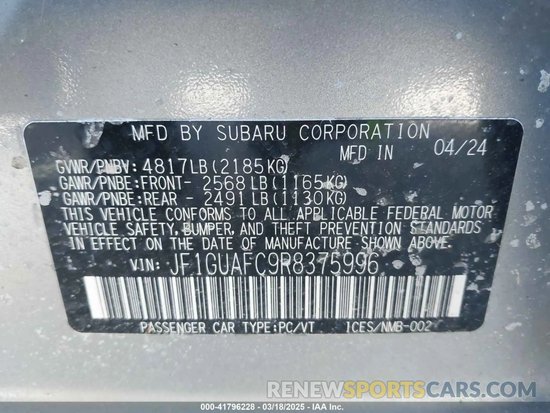 9 Photograph of a damaged car JF1GUAFC9R8375996 SUBARU IMPREZA 2024