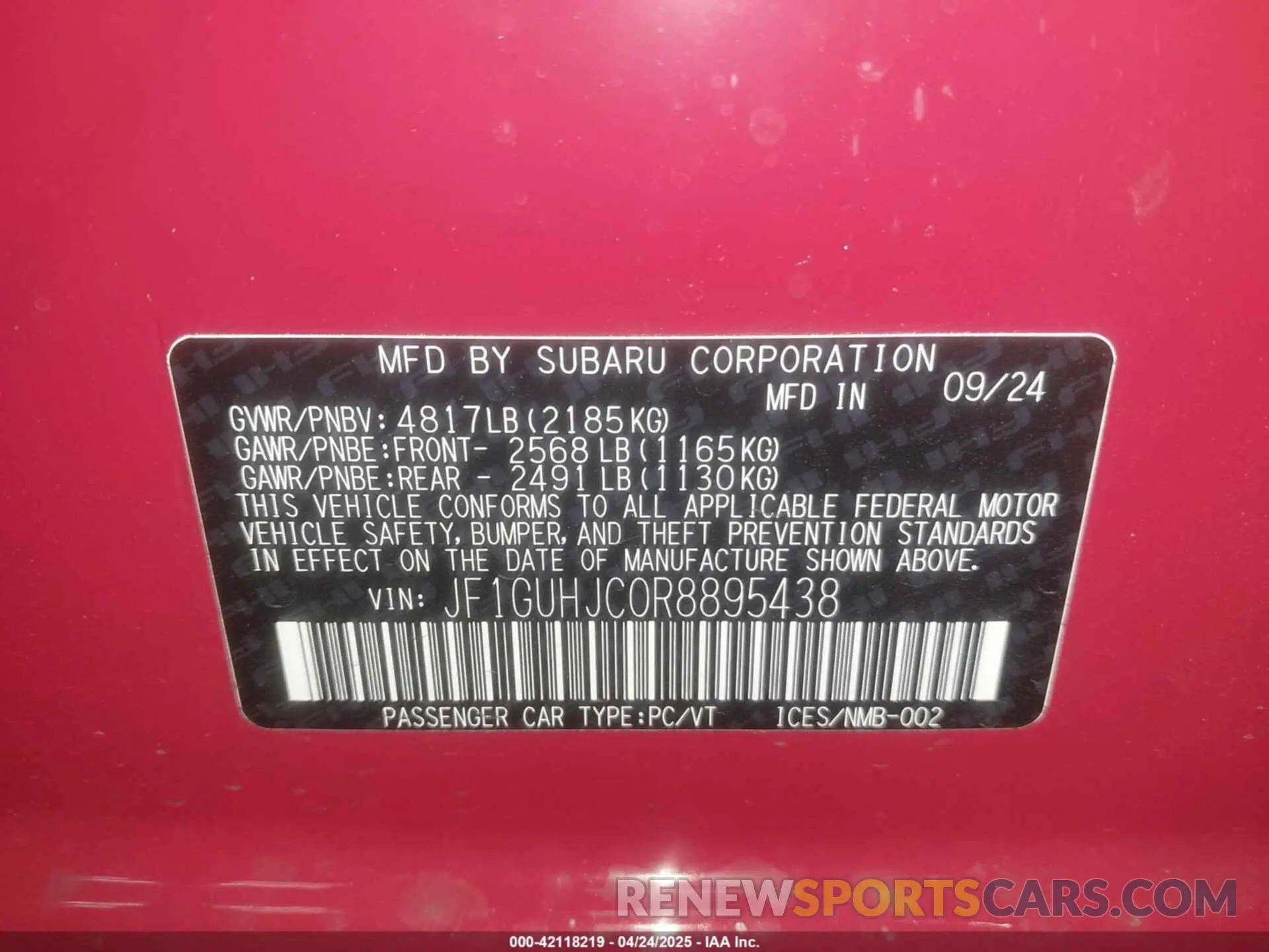 9 Photograph of a damaged car JF1GUHJC0R8895438 SUBARU IMPREZA 2024
