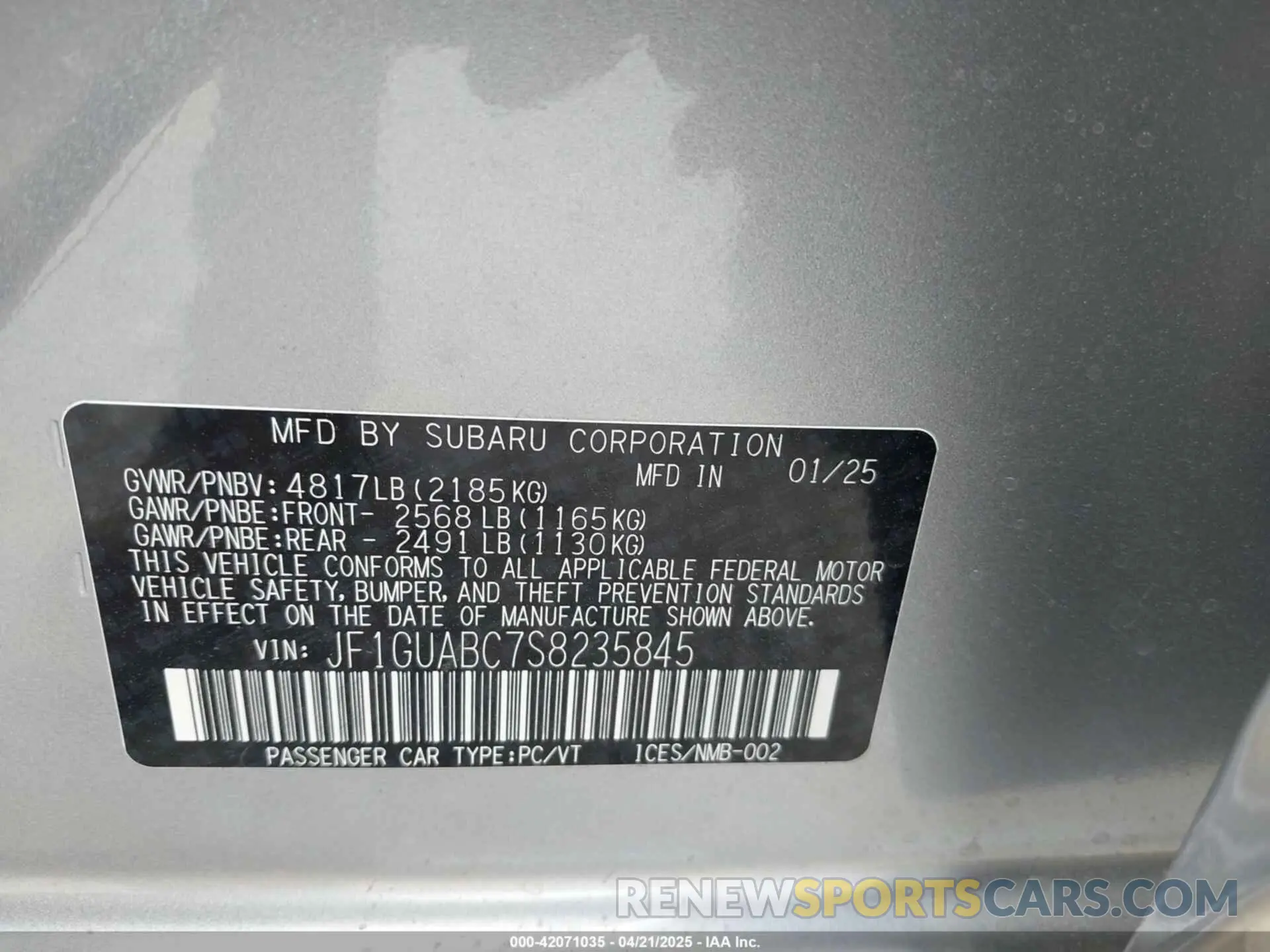 9 Photograph of a damaged car JF1GUABC7S8235845 SUBARU IMPREZA 2025