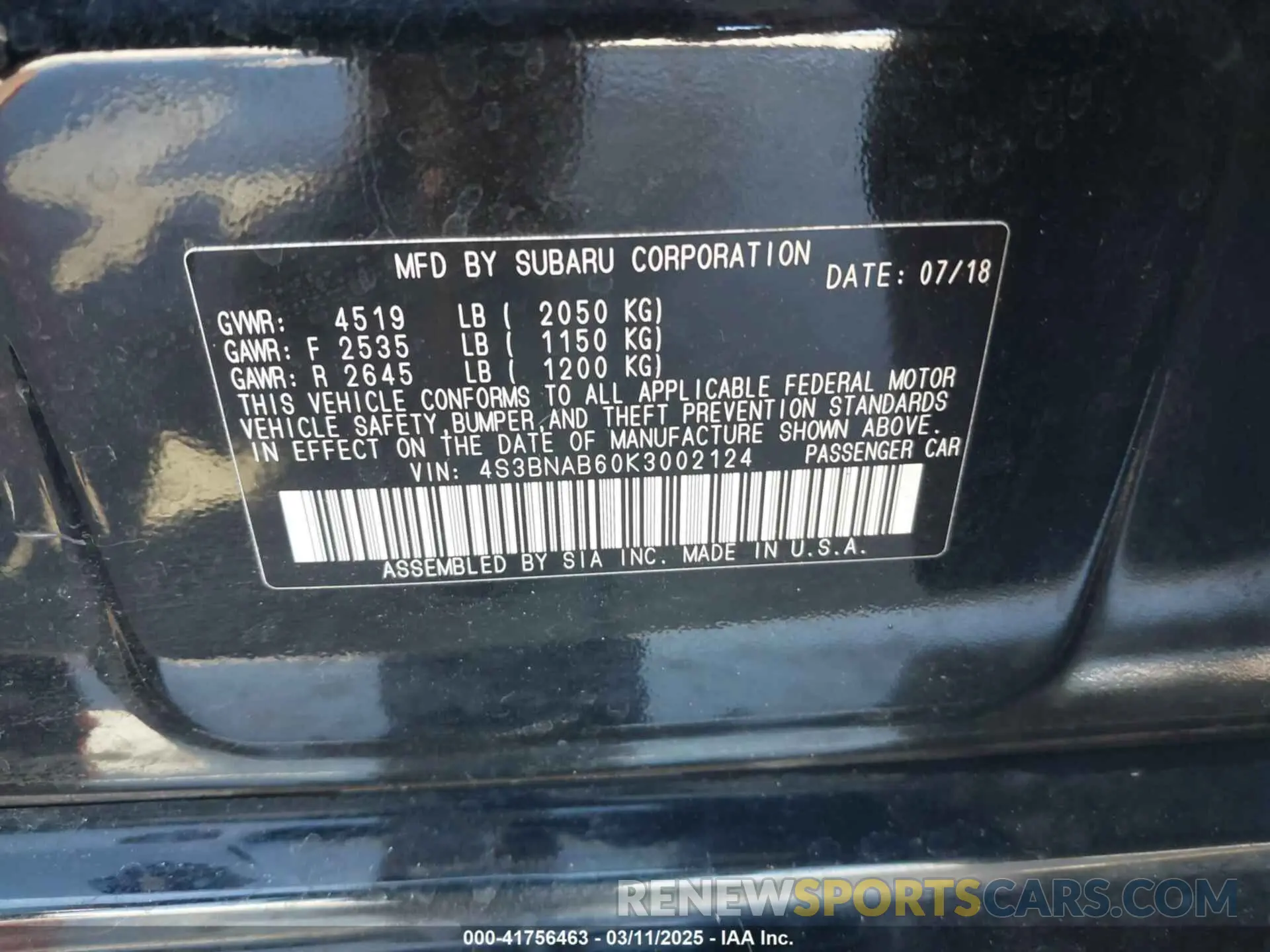 9 Photograph of a damaged car 4S3BNAB60K3002124 SUBARU LEGACY 2019