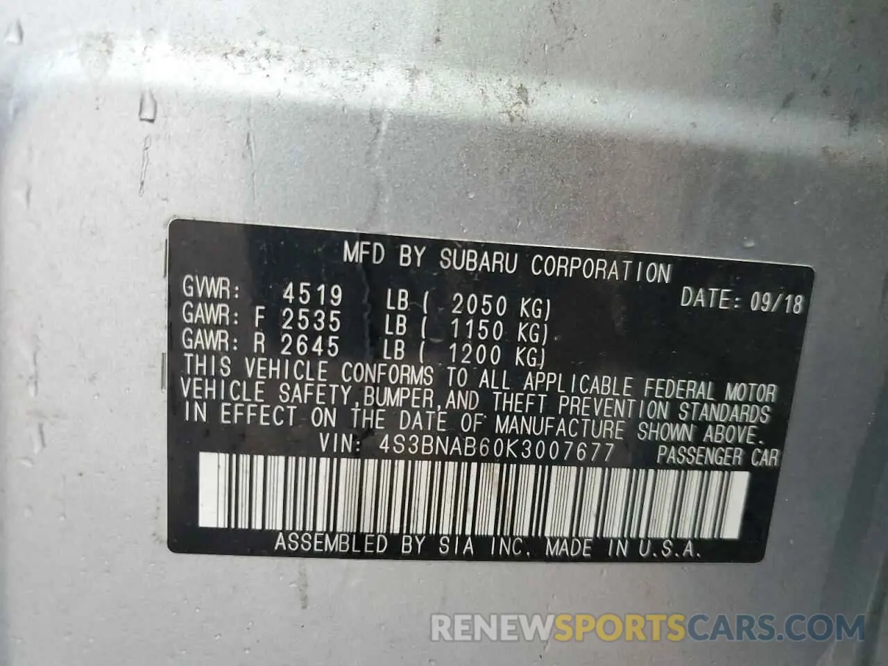 12 Photograph of a damaged car 4S3BNAB60K3007677 SUBARU LEGACY 2019