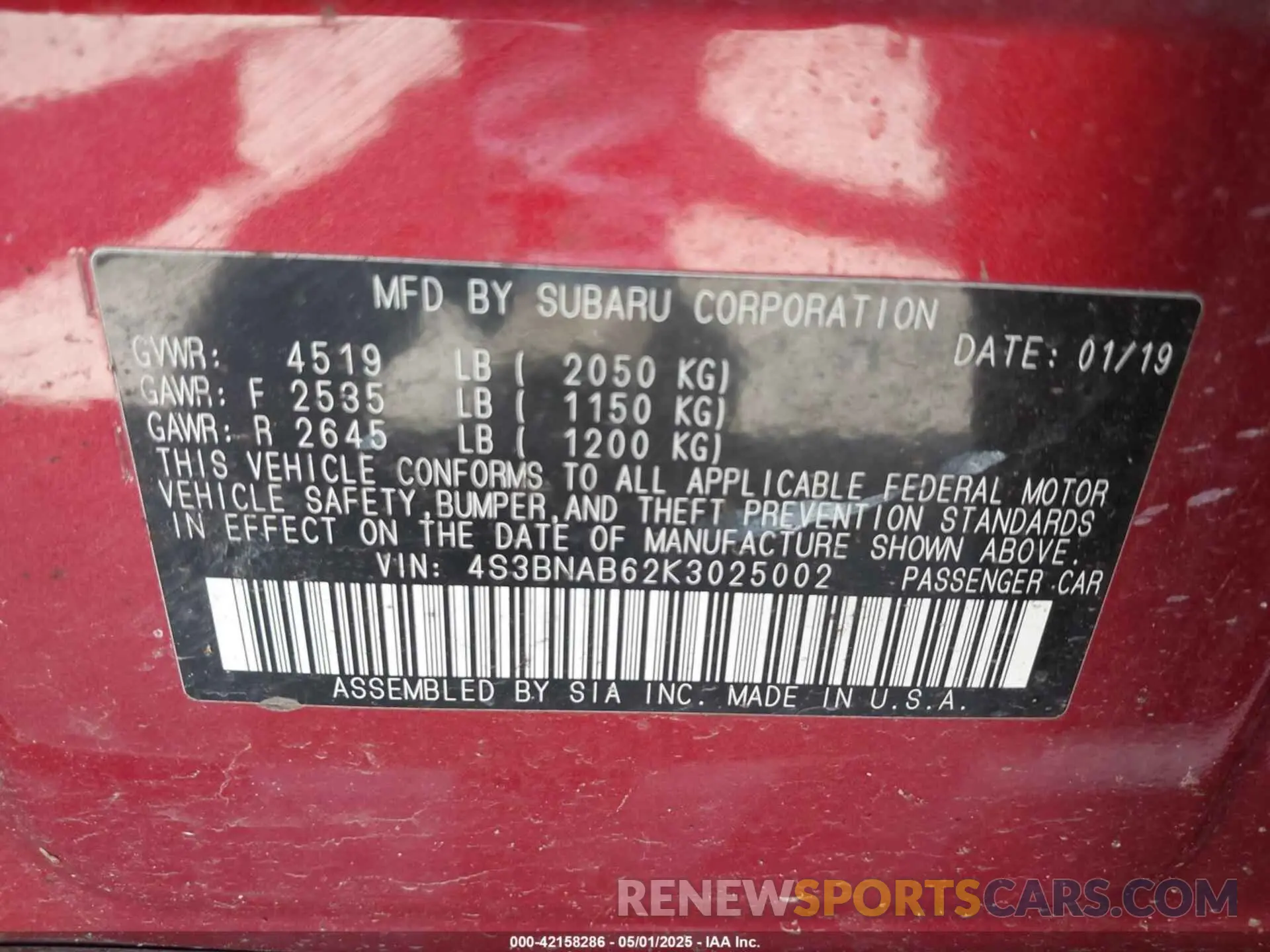 9 Photograph of a damaged car 4S3BNAB62K3025002 SUBARU LEGACY 2019