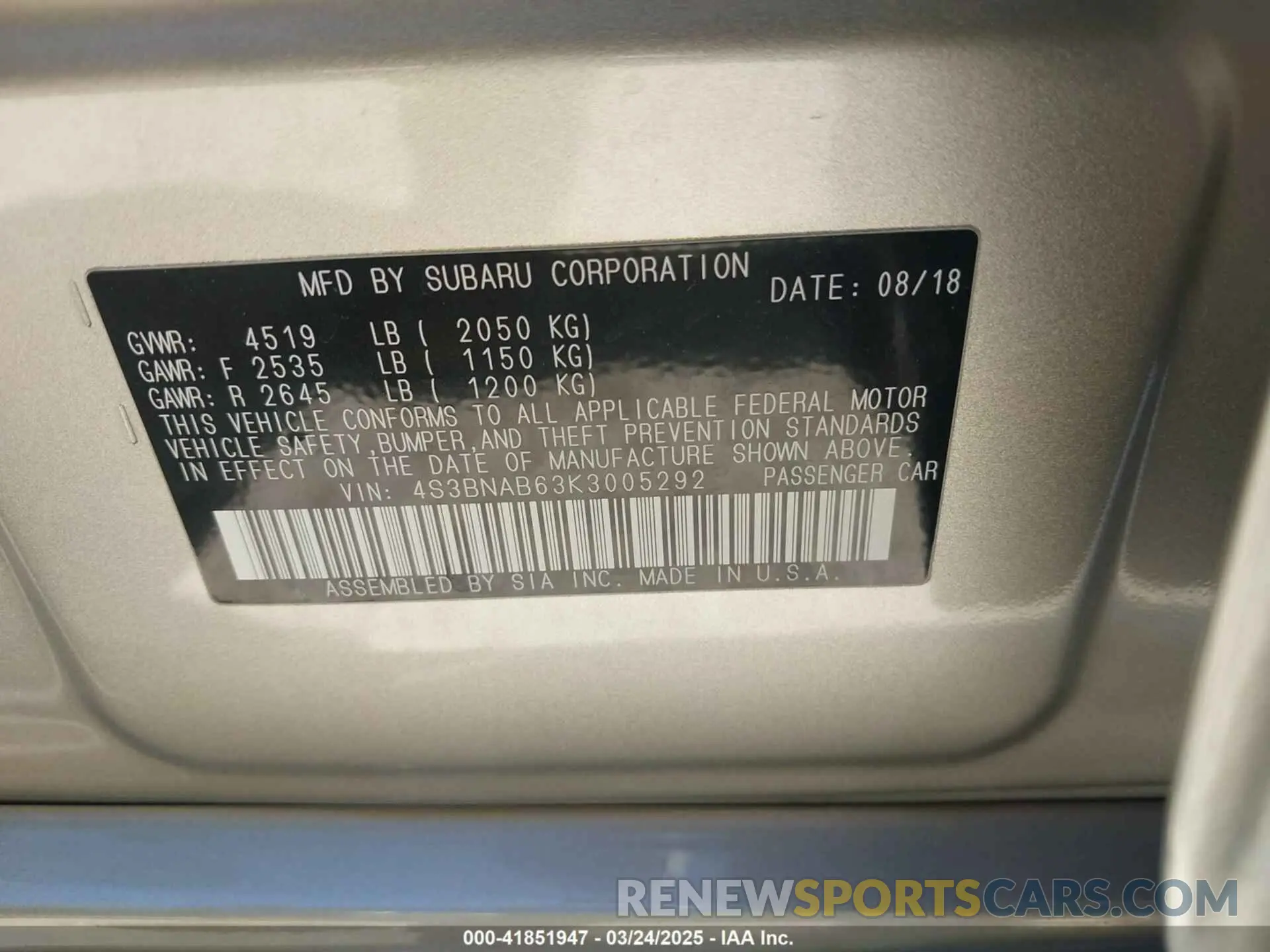 9 Photograph of a damaged car 4S3BNAB63K3005292 SUBARU LEGACY 2019