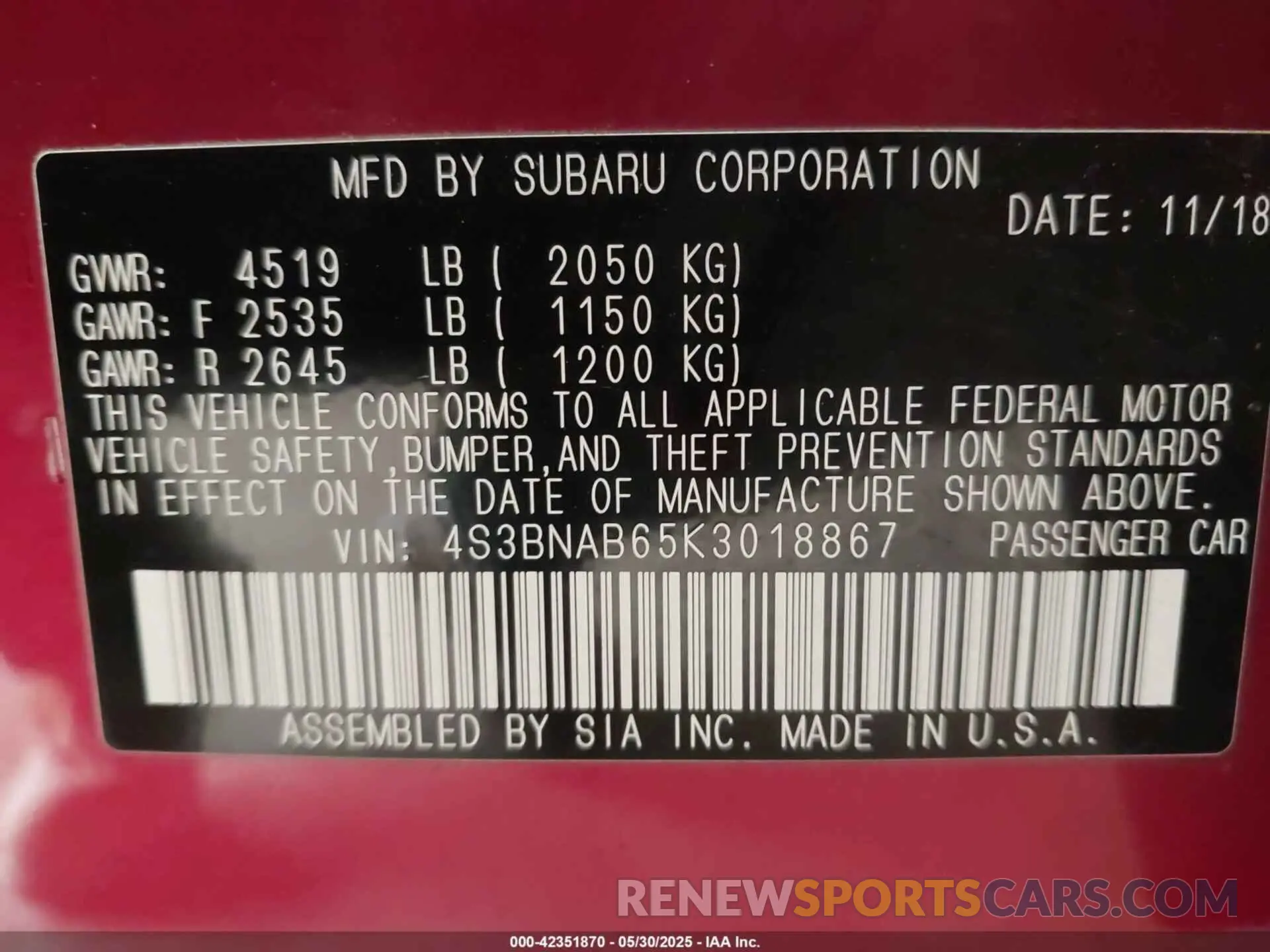 9 Photograph of a damaged car 4S3BNAB65K3018867 SUBARU LEGACY 2019