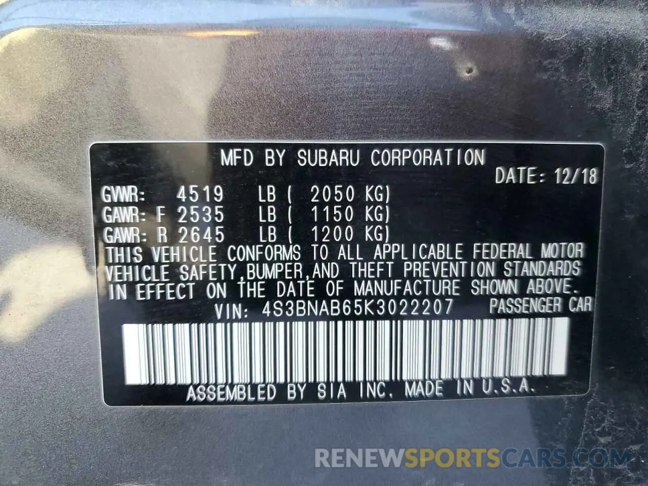 13 Photograph of a damaged car 4S3BNAB65K3022207 SUBARU LEGACY 2019