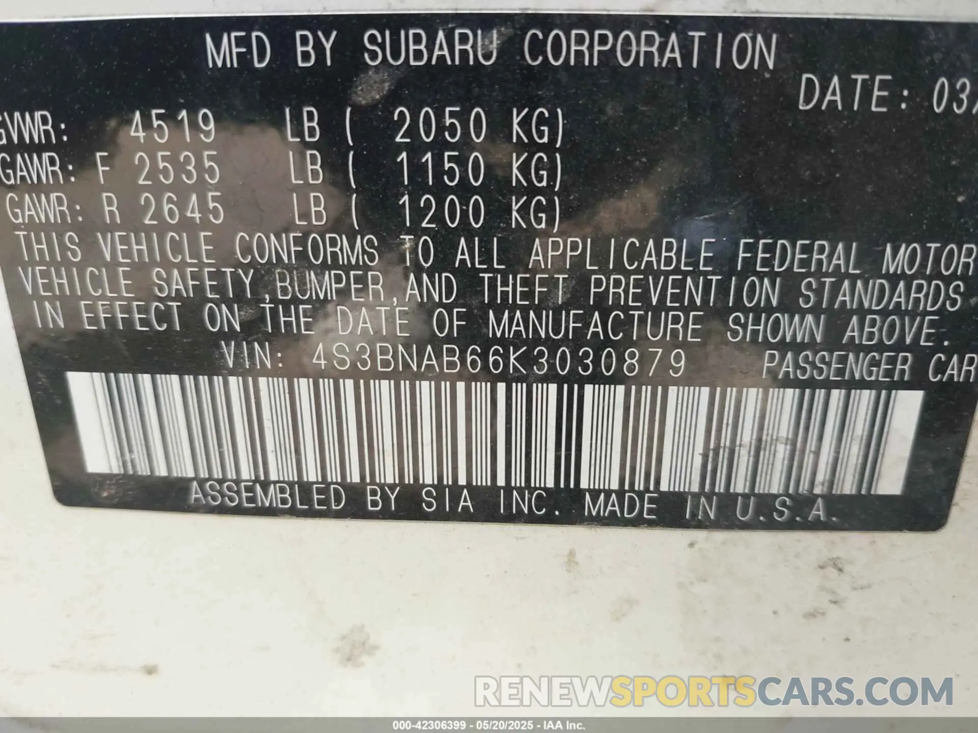 9 Photograph of a damaged car 4S3BNAB66K3030879 SUBARU LEGACY 2019