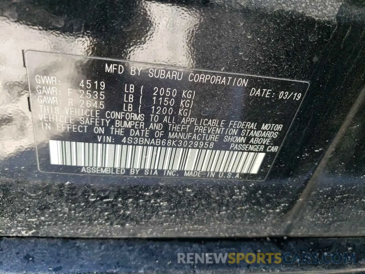 12 Photograph of a damaged car 4S3BNAB68K3029958 SUBARU LEGACY 2019