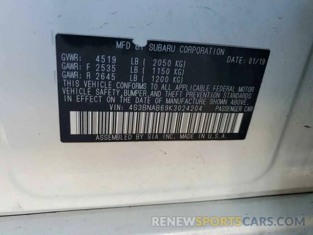 14 Photograph of a damaged car 4S3BNAB69K3024204 SUBARU LEGACY 2019