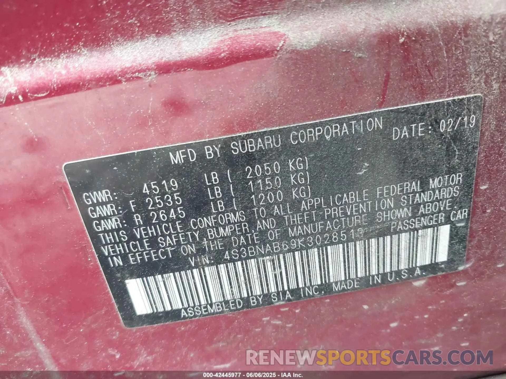 9 Photograph of a damaged car 4S3BNAB69K3028513 SUBARU LEGACY 2019