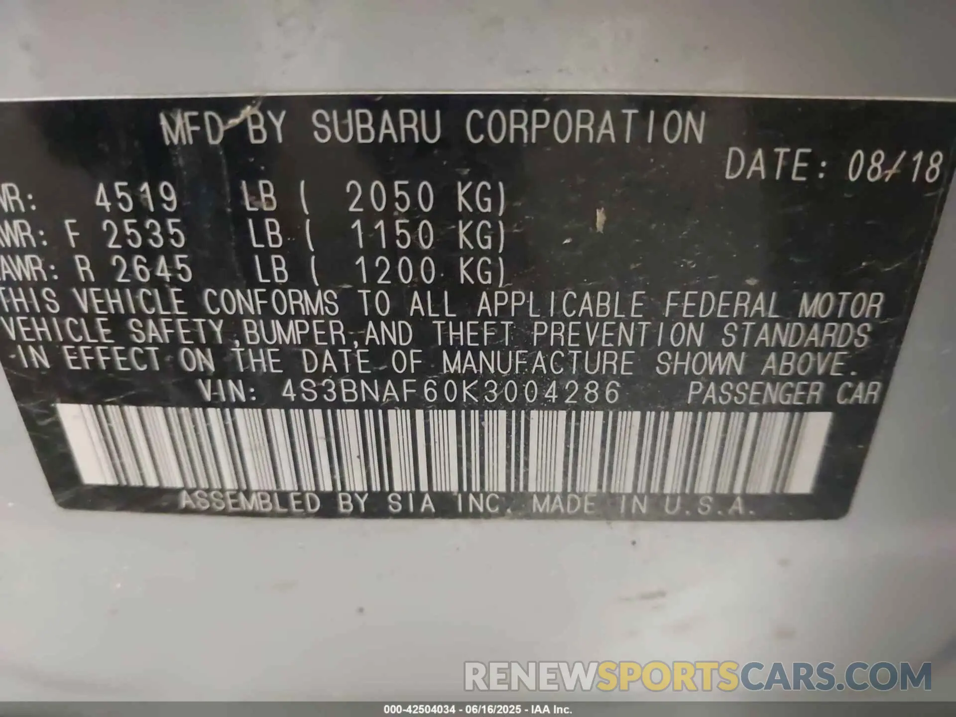 9 Photograph of a damaged car 4S3BNAF60K3004286 SUBARU LEGACY 2019