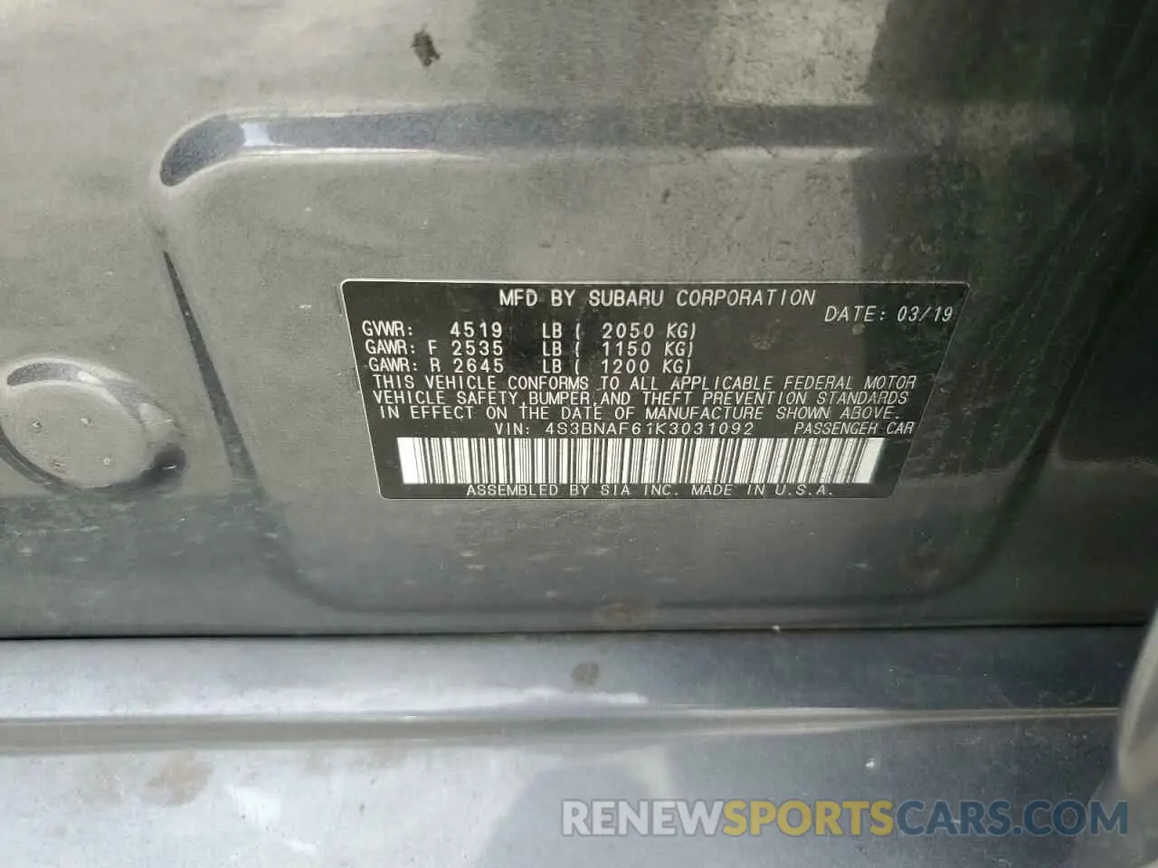 12 Photograph of a damaged car 4S3BNAF61K3031092 SUBARU LEGACY 2019