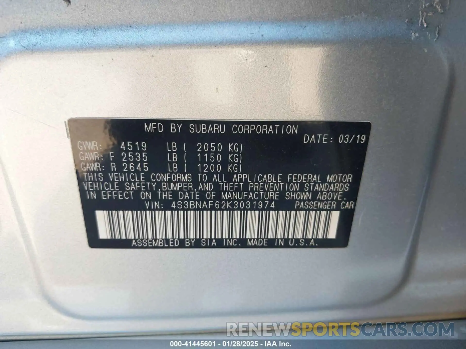 9 Photograph of a damaged car 4S3BNAF62K3031974 SUBARU LEGACY 2019