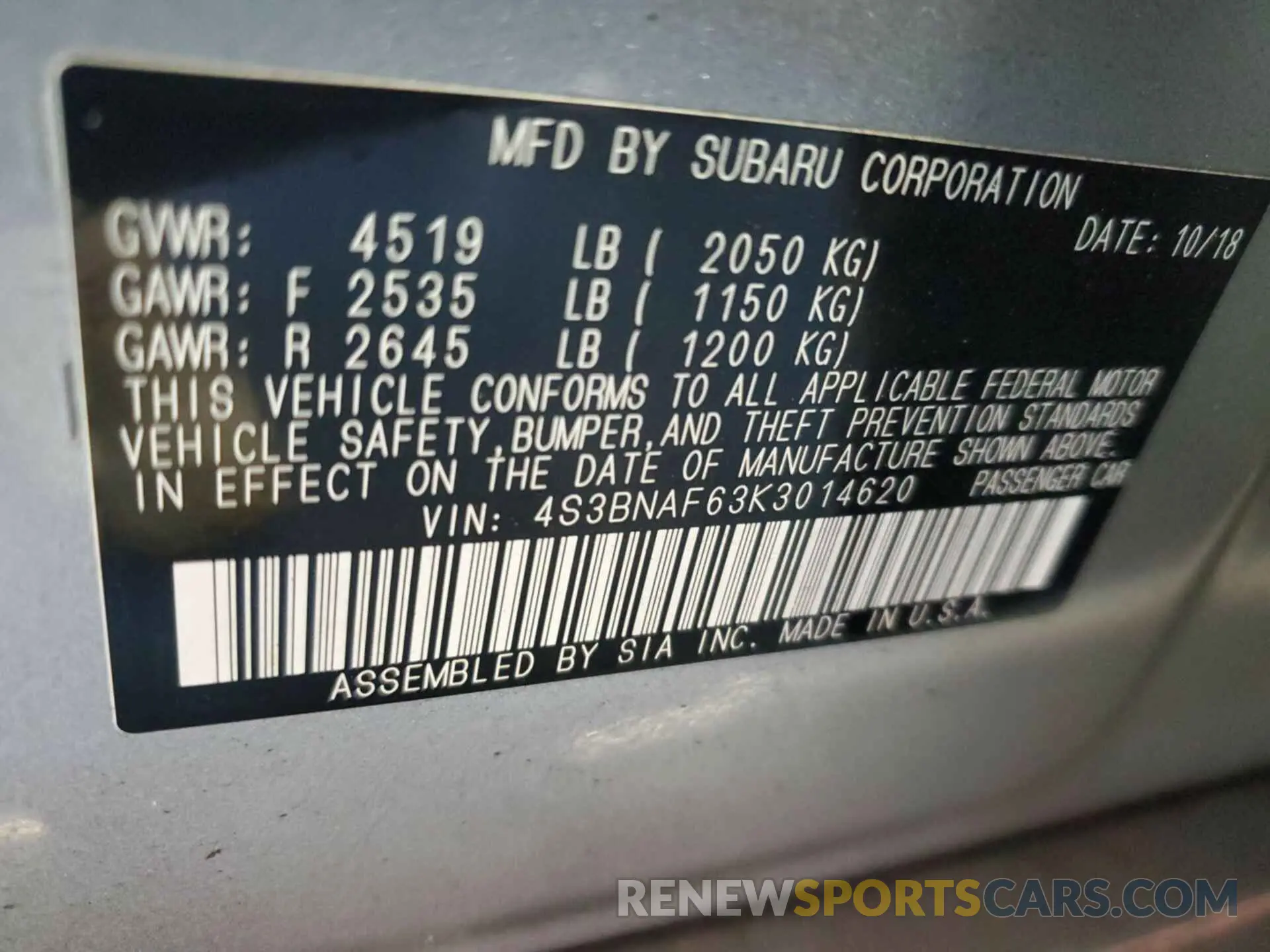 25 Photograph of a damaged car 4S3BNAF63K3014620 SUBARU LEGACY 2019