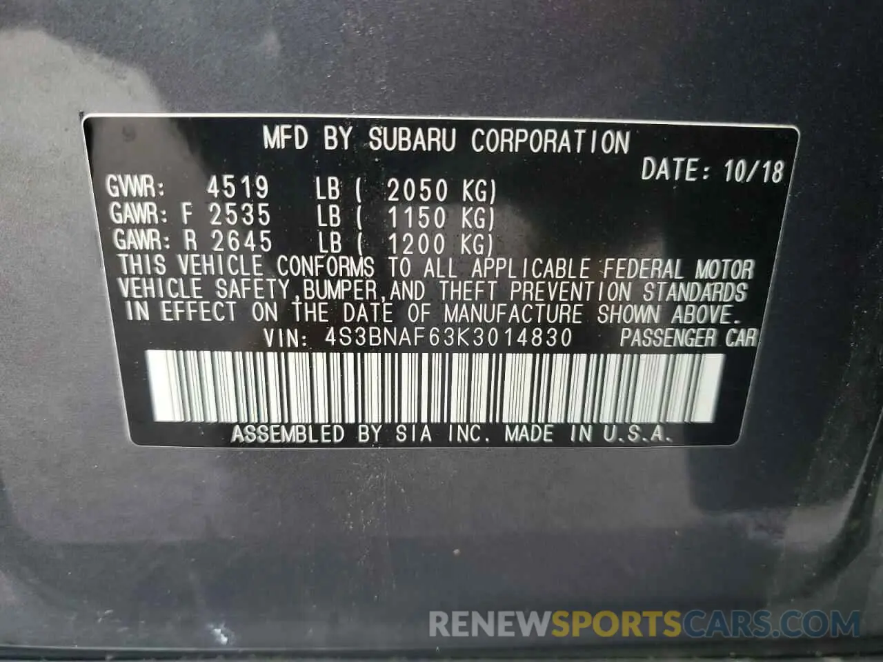 15 Photograph of a damaged car 4S3BNAF63K3014830 SUBARU LEGACY 2019