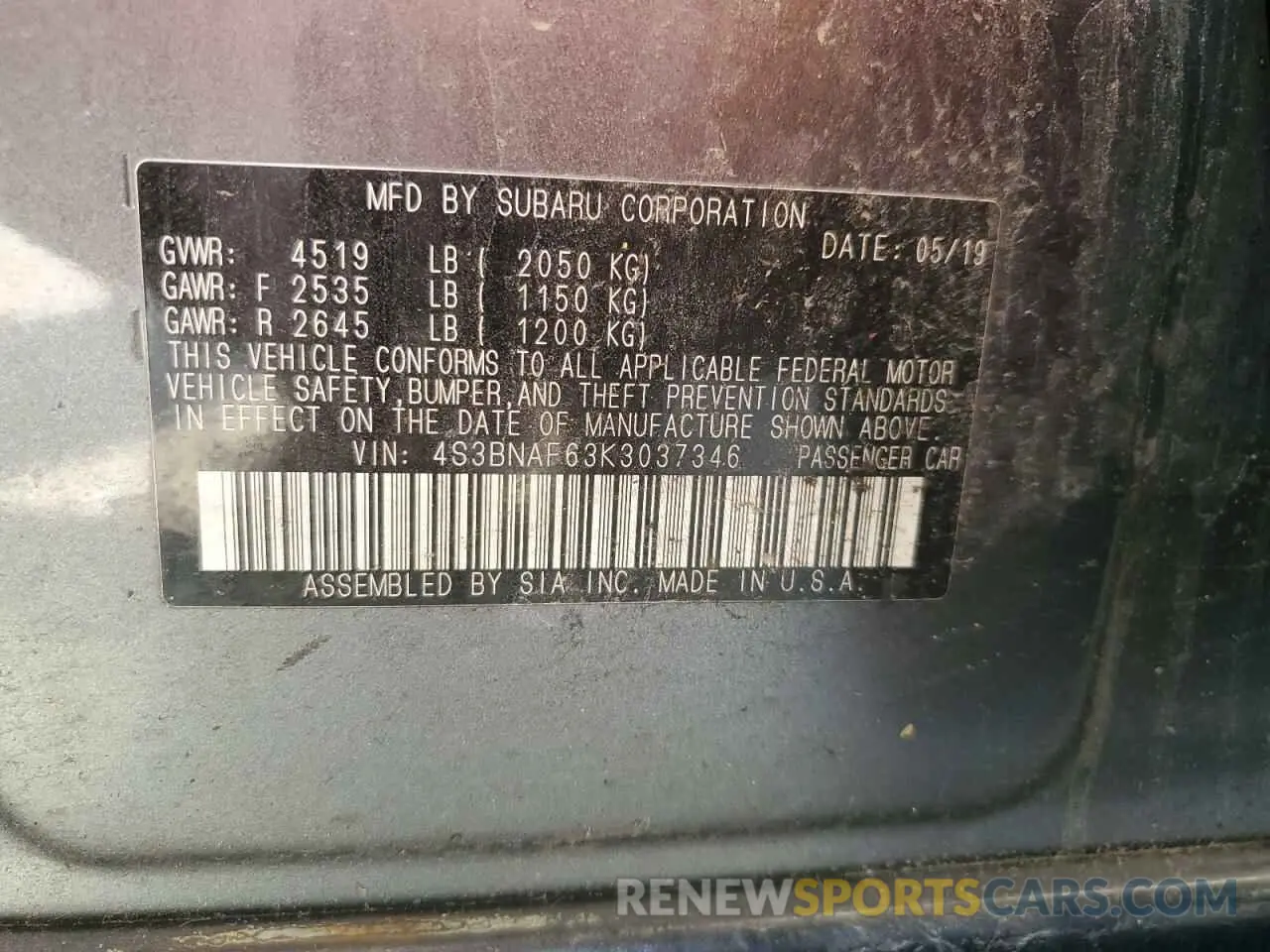 12 Photograph of a damaged car 4S3BNAF63K3037346 SUBARU LEGACY 2019