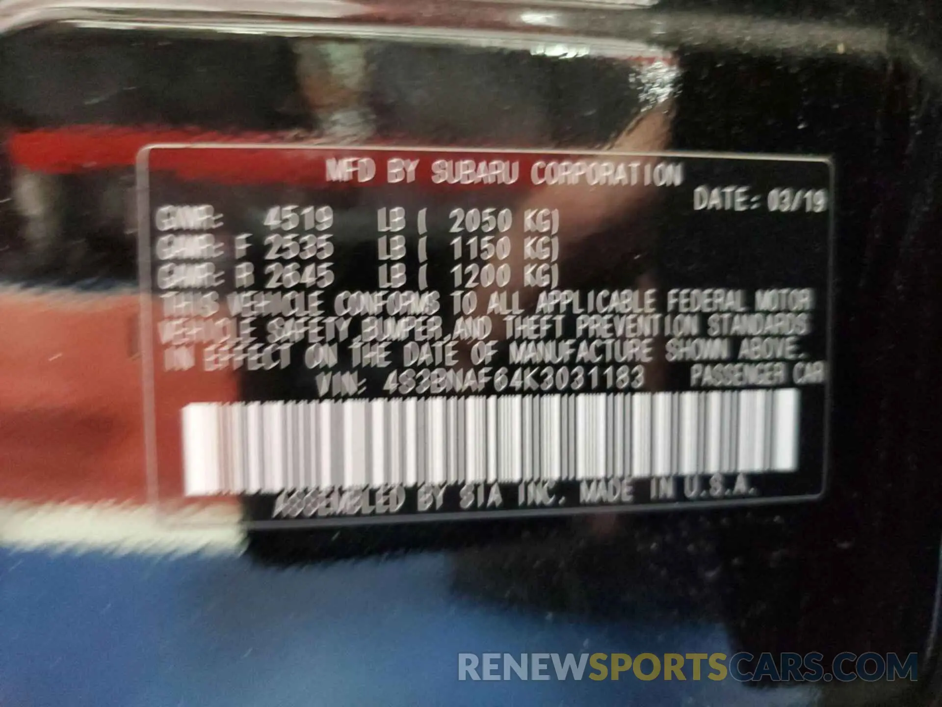 29 Photograph of a damaged car 4S3BNAF64K3031183 SUBARU LEGACY 2019