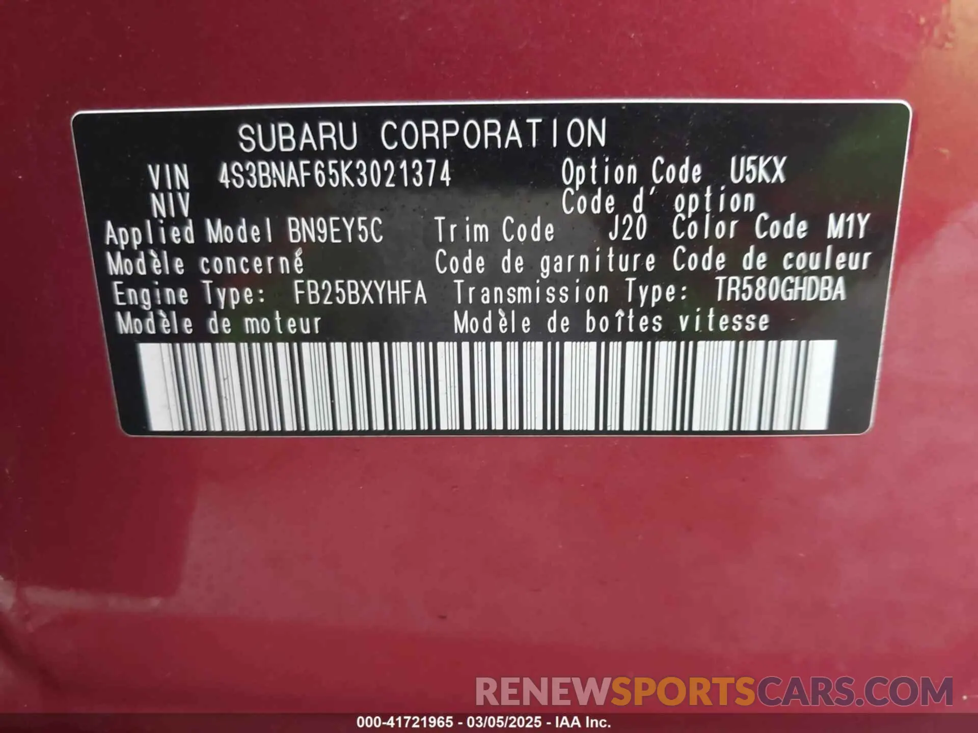 9 Photograph of a damaged car 4S3BNAF65K3021374 SUBARU LEGACY 2019