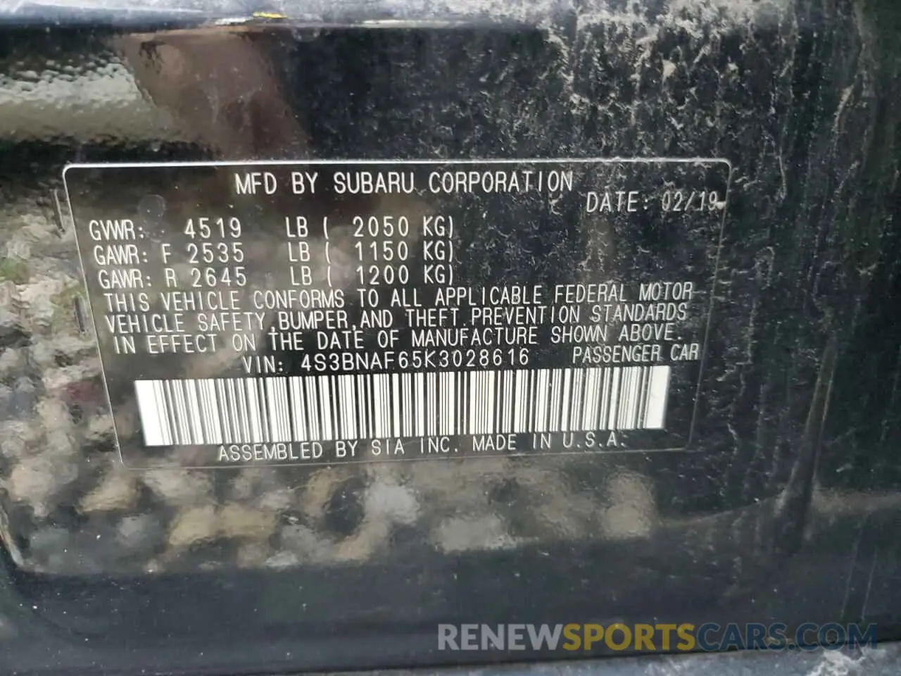 12 Photograph of a damaged car 4S3BNAF65K3028616 SUBARU LEGACY 2019