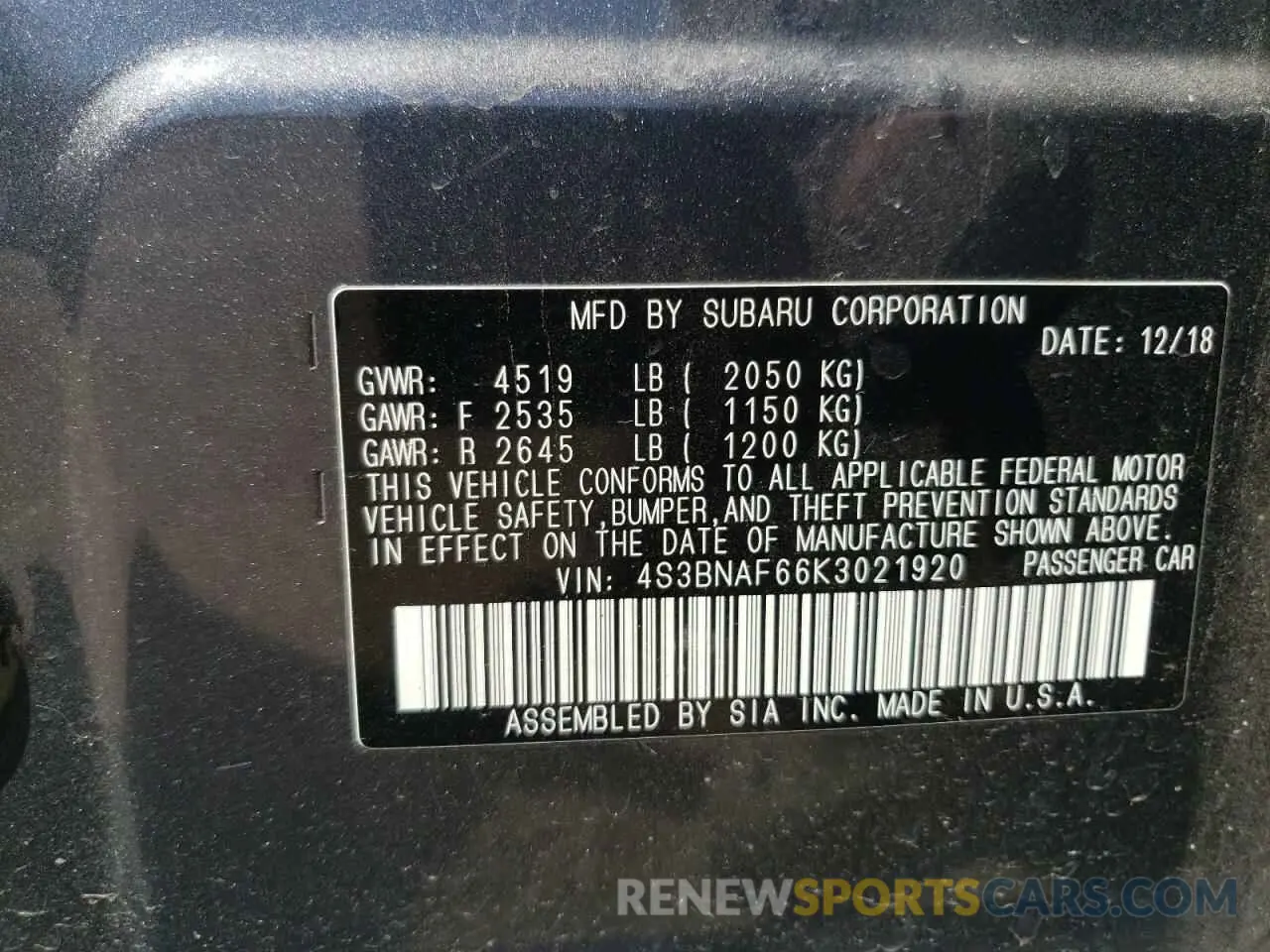 12 Photograph of a damaged car 4S3BNAF66K3021920 SUBARU LEGACY 2019