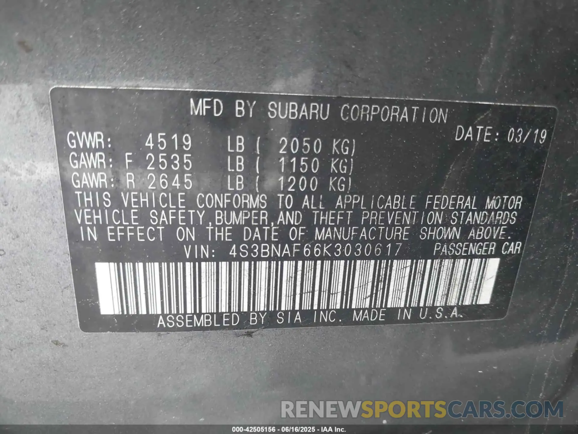 9 Photograph of a damaged car 4S3BNAF66K3030617 SUBARU LEGACY 2019
